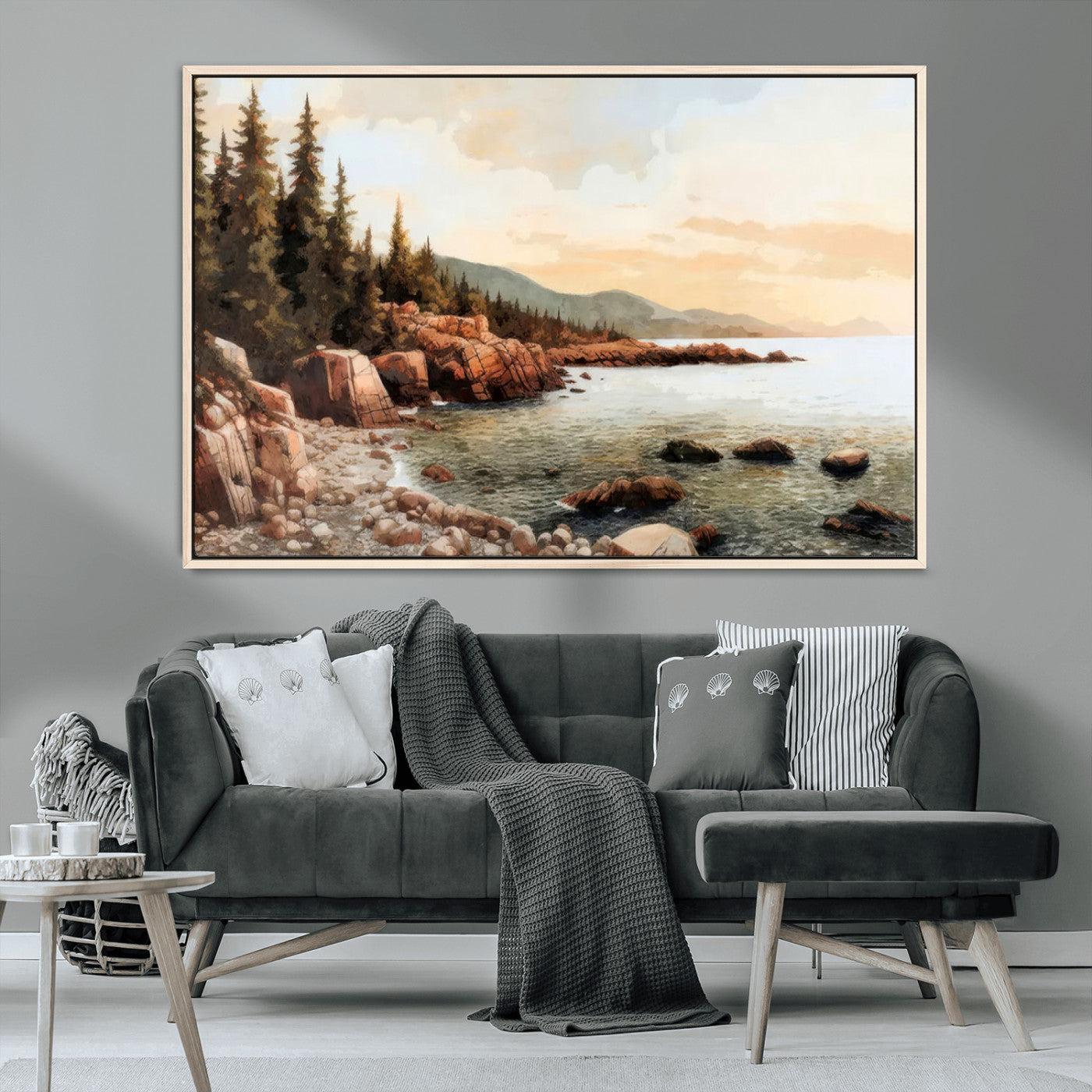 77145-MGV-CV-36X24-Coastal Landscape Wall Art – Panoramic Rocky Shoreline and Pine Trees Canvas Print, Rustic Nature Decor for Cabin, Lodge, Office,