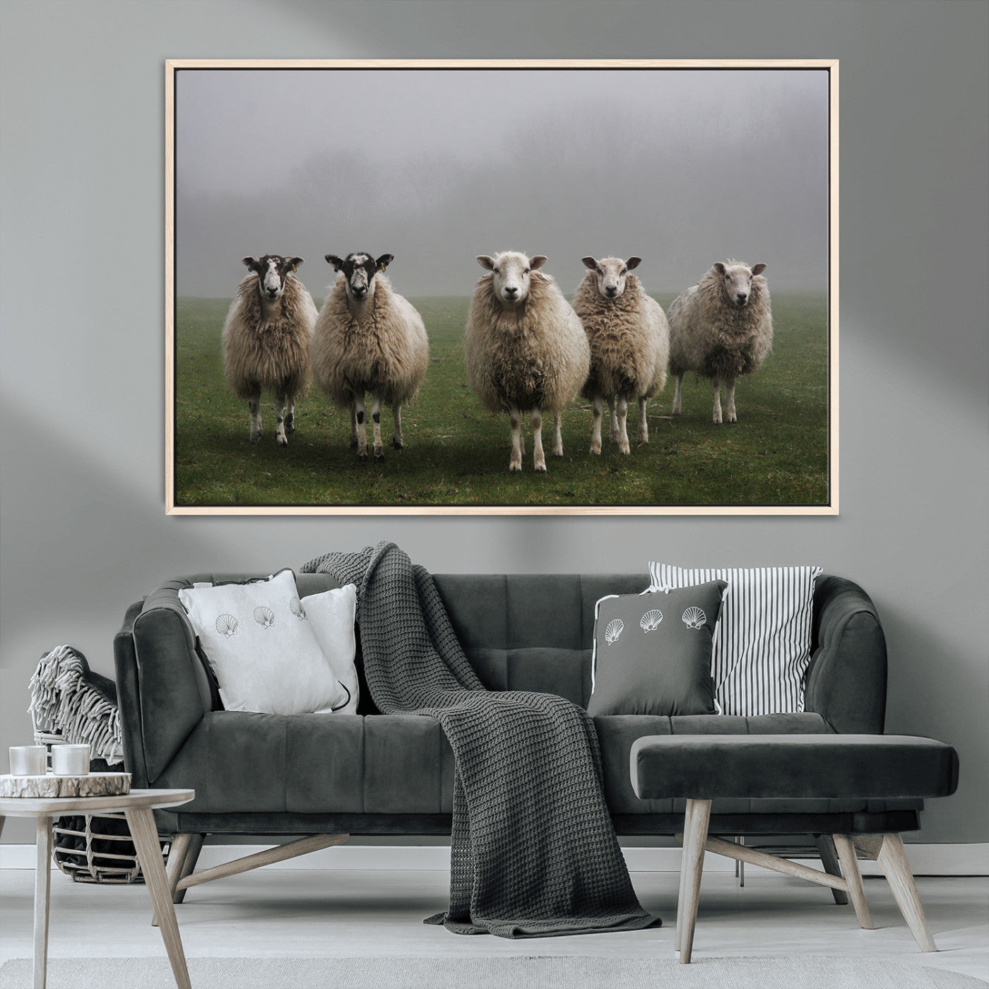 87339-MGV-CV-36X24-Sheep Wall Art – Rustic Farmhouse Canvas Print Flock Standing Misty Field Countryside Photography, Country Animal Decor for Living