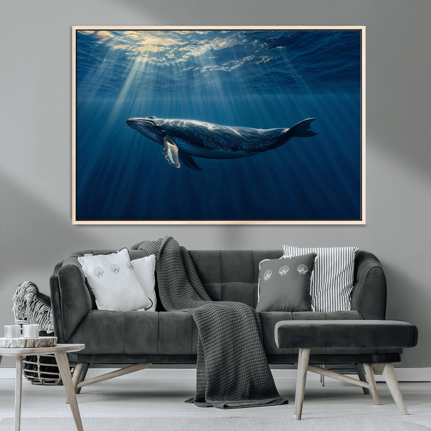 18052-MGV-CV-36X24-Whale Wall Art – Majestic Ocean Canvas Print Marine Life Underwater Sunlight Scene, Nautical Coastal Decor for Living Room,