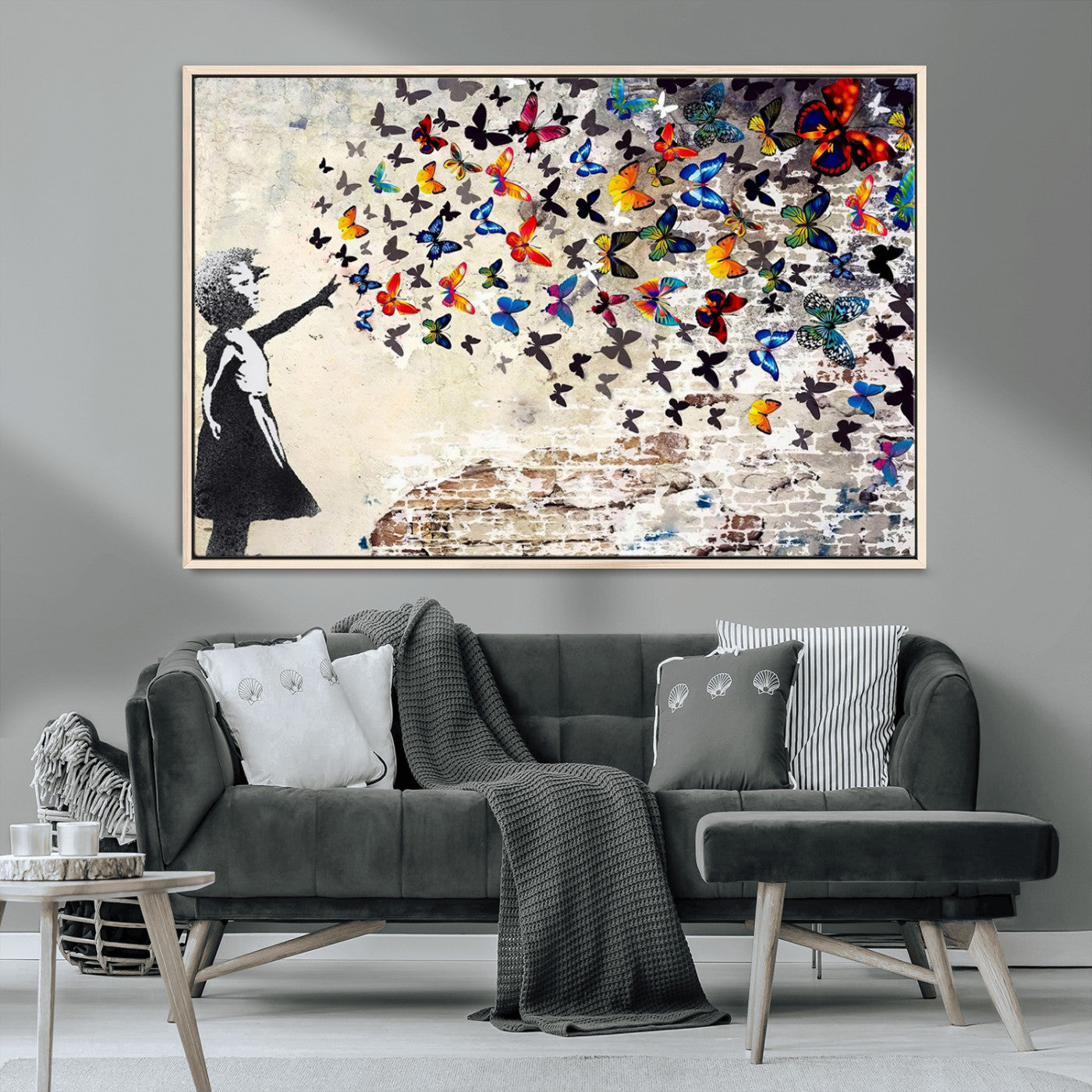 97895-MGV-CV-36X24-Girl with Butterflies Wall Art – Colorful Street Art Style Canvas Print, Modern Graffiti-Inspired Butterfly Artwork for Living