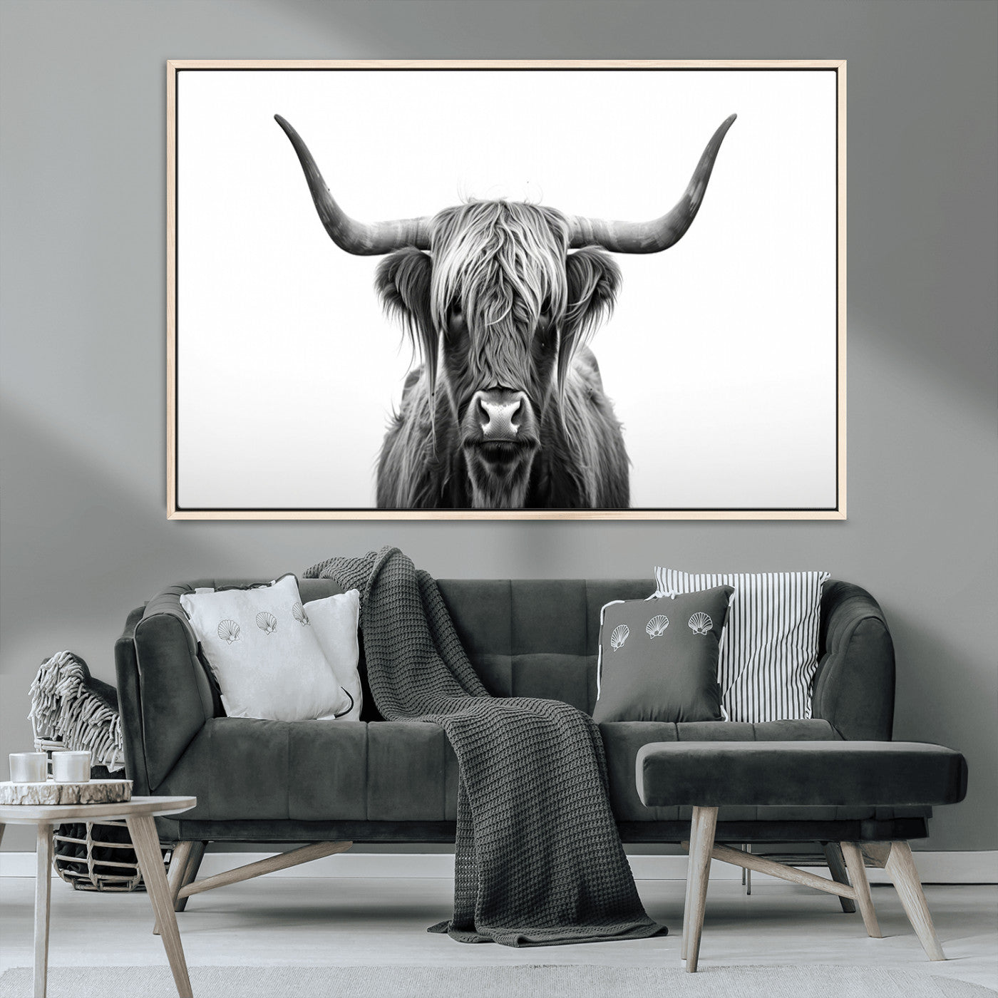 49556-MGV-CV-36X24-Highland Cow Wall Art – Black and White Scottish Highland Cattle Print, Rustic Farmhouse Minimalist Animal Portrait Canvas for