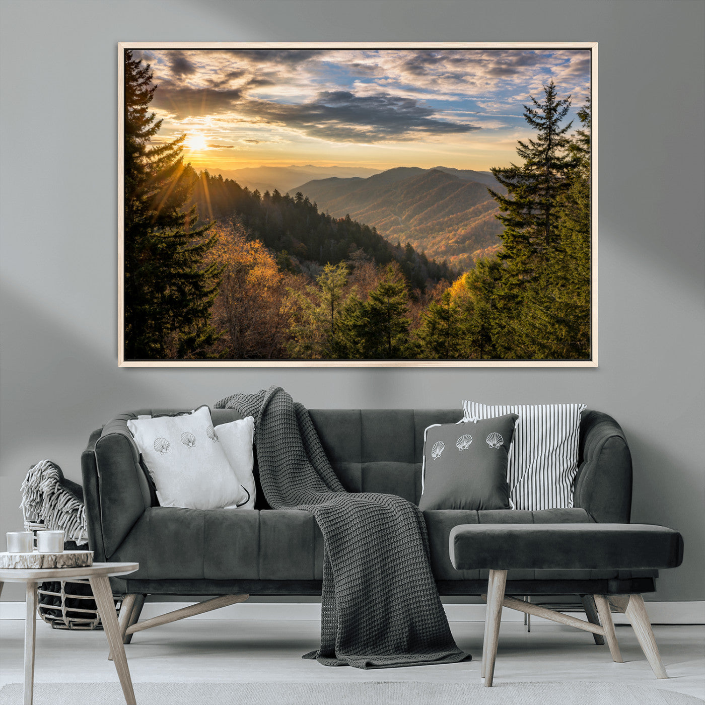 73692479-MGV-CV-36X24-Smoky Mountains Wall Art Canvas Print, Framed Forest Mountain Art Picture Print, Spring Mountain Perfect Spring Style Decor
