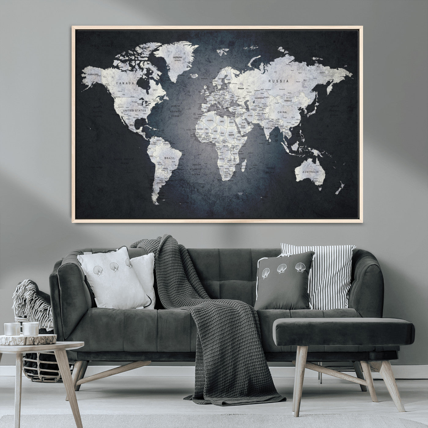 19124-MGV-CV-36X24-Modern World Map Wall Art – Black and White Canvas Print, Minimalist Global Map Decor for Office, Study, Bedroom or Living Room