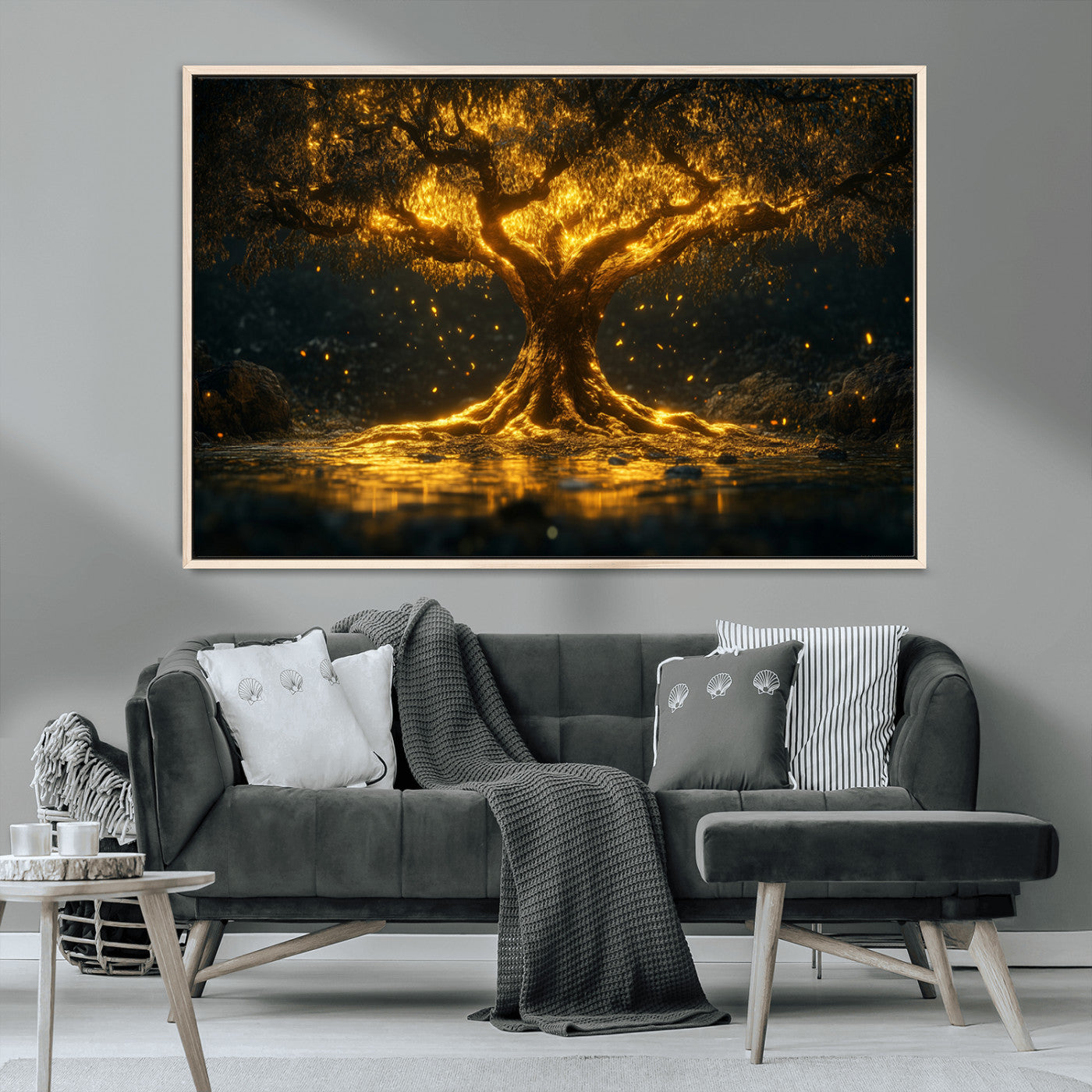 59580-MGV-CV-36X24-Glowing Tree Wall Art – Golden Fantasy Nature Canvas Print, Mystical Illuminated Tree Painting Poster for Living Room, Bedroom,
