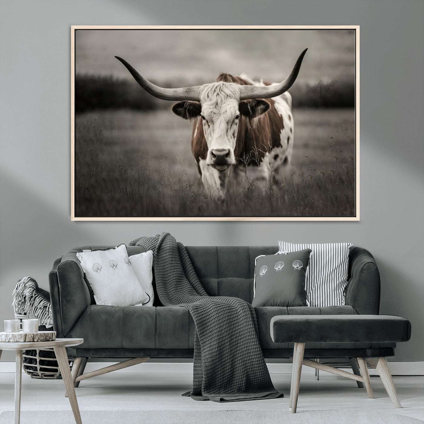 69238-MGV-CV-36X24-Longhorn Bull Wall Art – Rustic Black and White Texas Cattle Canvas Print, Western Farmhouse Animal Photography for Living Room,
