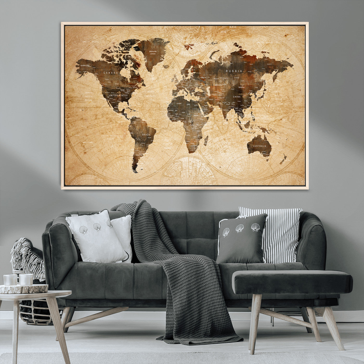 29278-MGV-CV-36X24-World Map Wall Art – Rustic Vintage Earth Tone Canvas Print, Antique Style Global Map Poster for Living Room, Bedroom, Office or