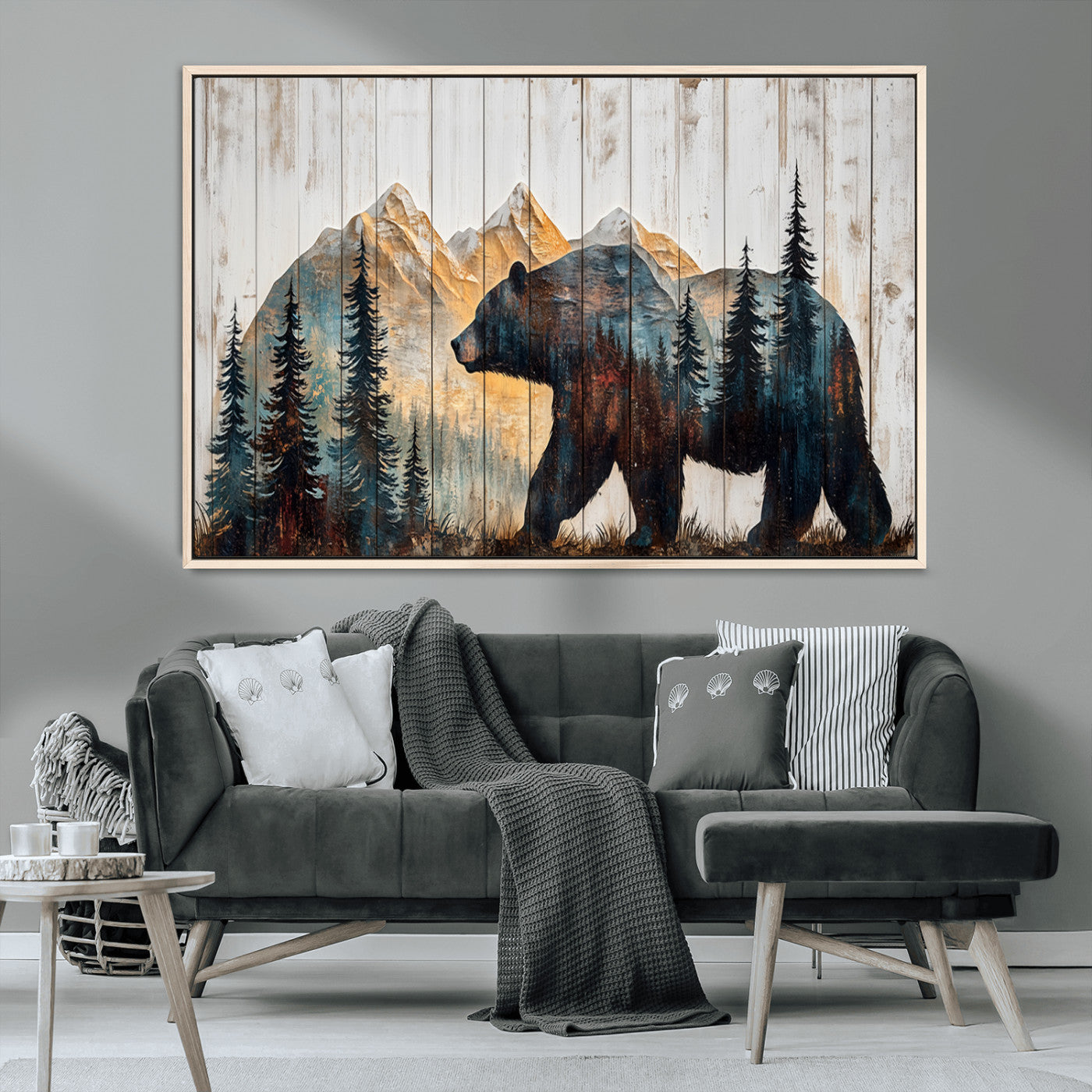 90077-MGV-CV-36X24-Wood Grizzly Bear Wall Art Canvas Print, Framed Abstract Bear Art Picture Print, Bear in Forest Perfect Rustic Lodge Decor Artwork