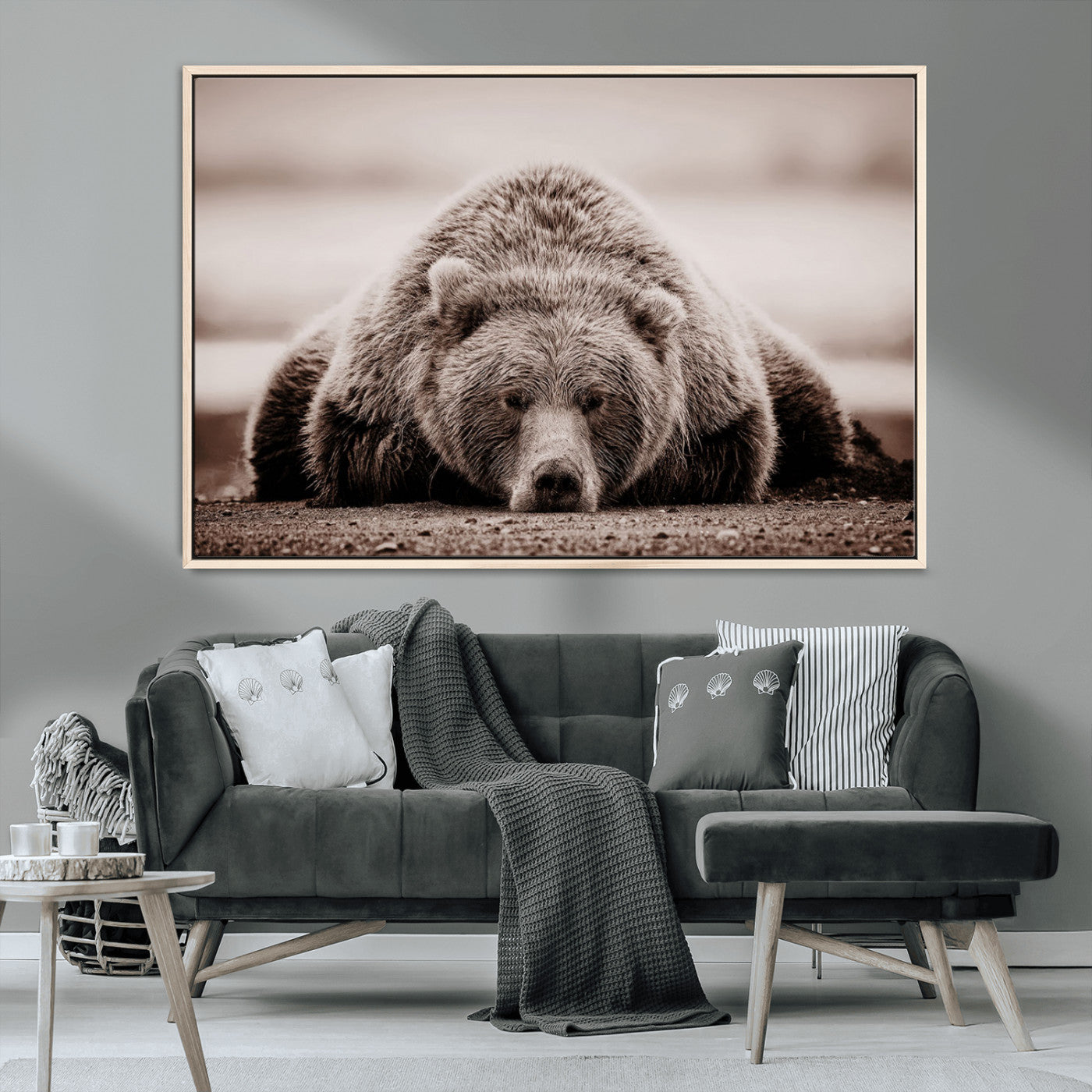 20611-MGV-CV-36X24-Grizzly Bear Wall Art – Majestic Wildlife Sepia Canvas Print, Rustic Nature Animal Artwork for Cabin, Lodge, Living Room, Bedroom,
