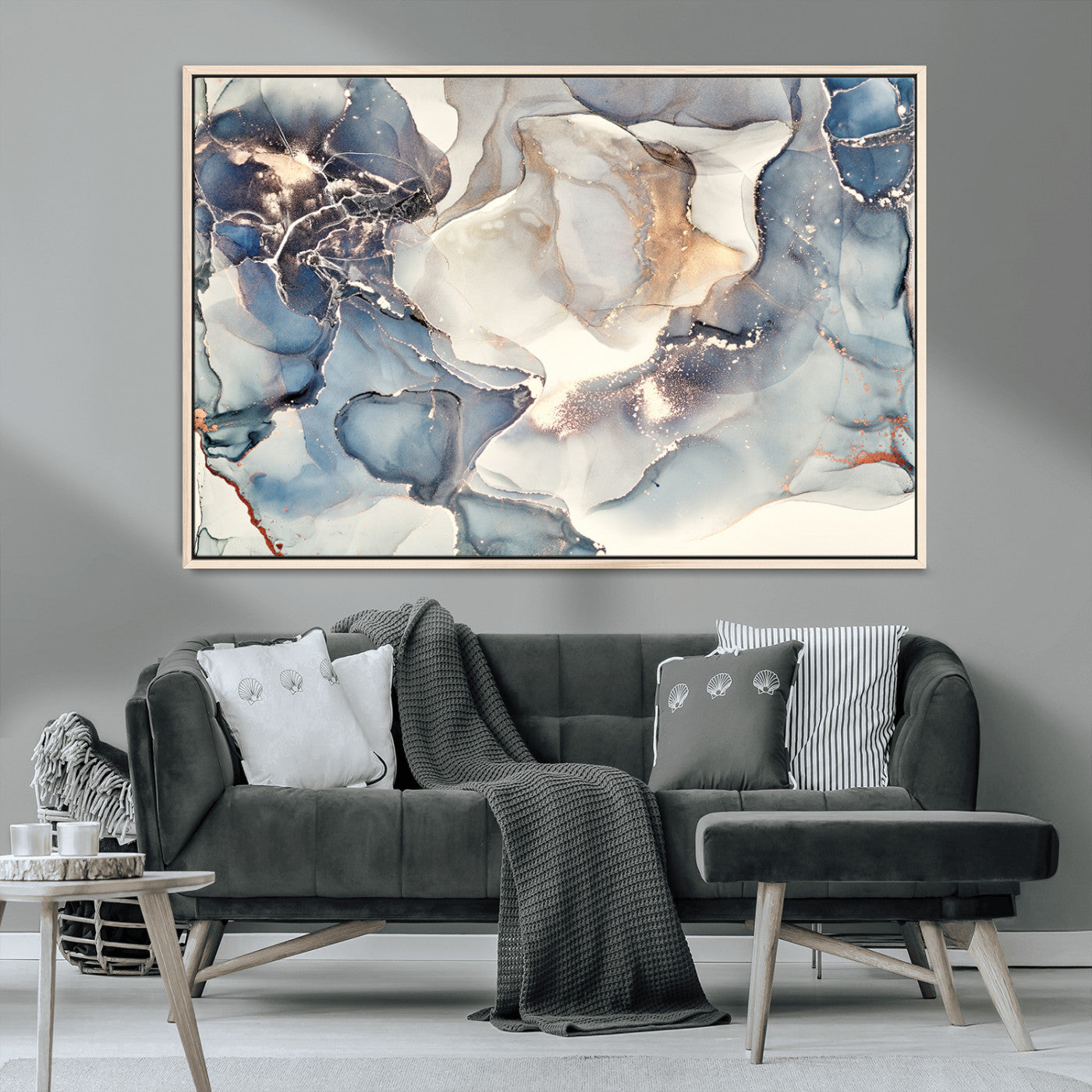 51497-MGV-CV-36X24-Abstract Blue and Gold Wall Art – Modern Fluid Ink Style Canvas Print, Elegant Contemporary Decor for Living Room, Office