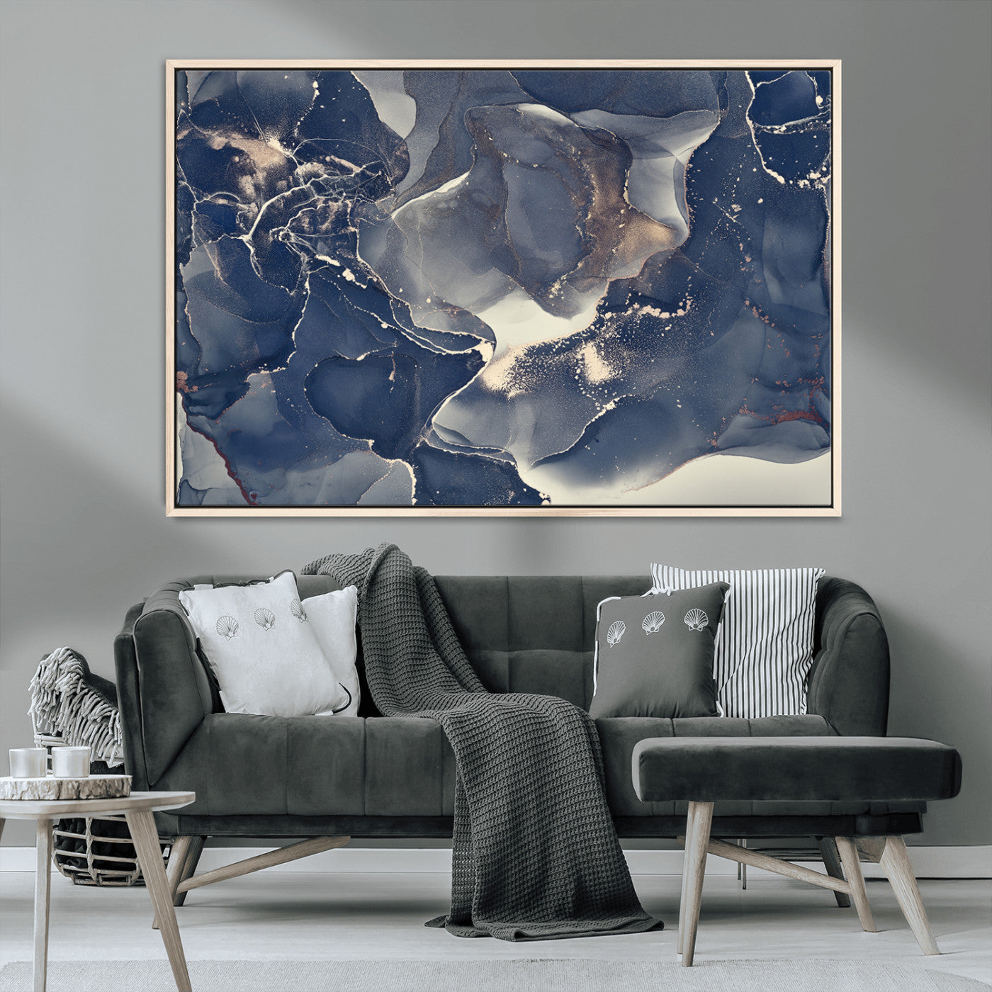 28282-MGV-CV-36X24-Blue Abstract Wall Art – Modern Ink Swirl Canvas Print, Contemporary Navy and Gold Painting for Living Room, Bedroom, Office or