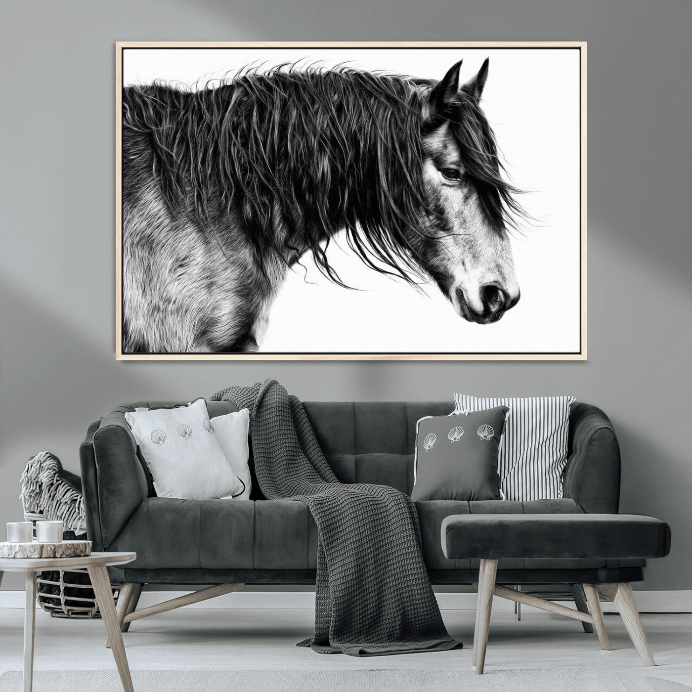 57694-MGV-CV-36X24-Horse Portrait Wall Art – Black and White Canvas Print with Detailed Stallion Profile, Rustic Farmhouse Equestrian Artwork for