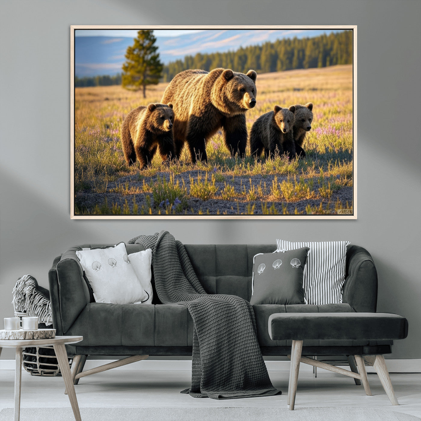 43400-MGV-CV-36X24-Bear Family Wall Art – Wildlife Canvas Print of Mother Bear with Cubs in Sunlit Meadow, Rustic Animal Artwork for Living Room,