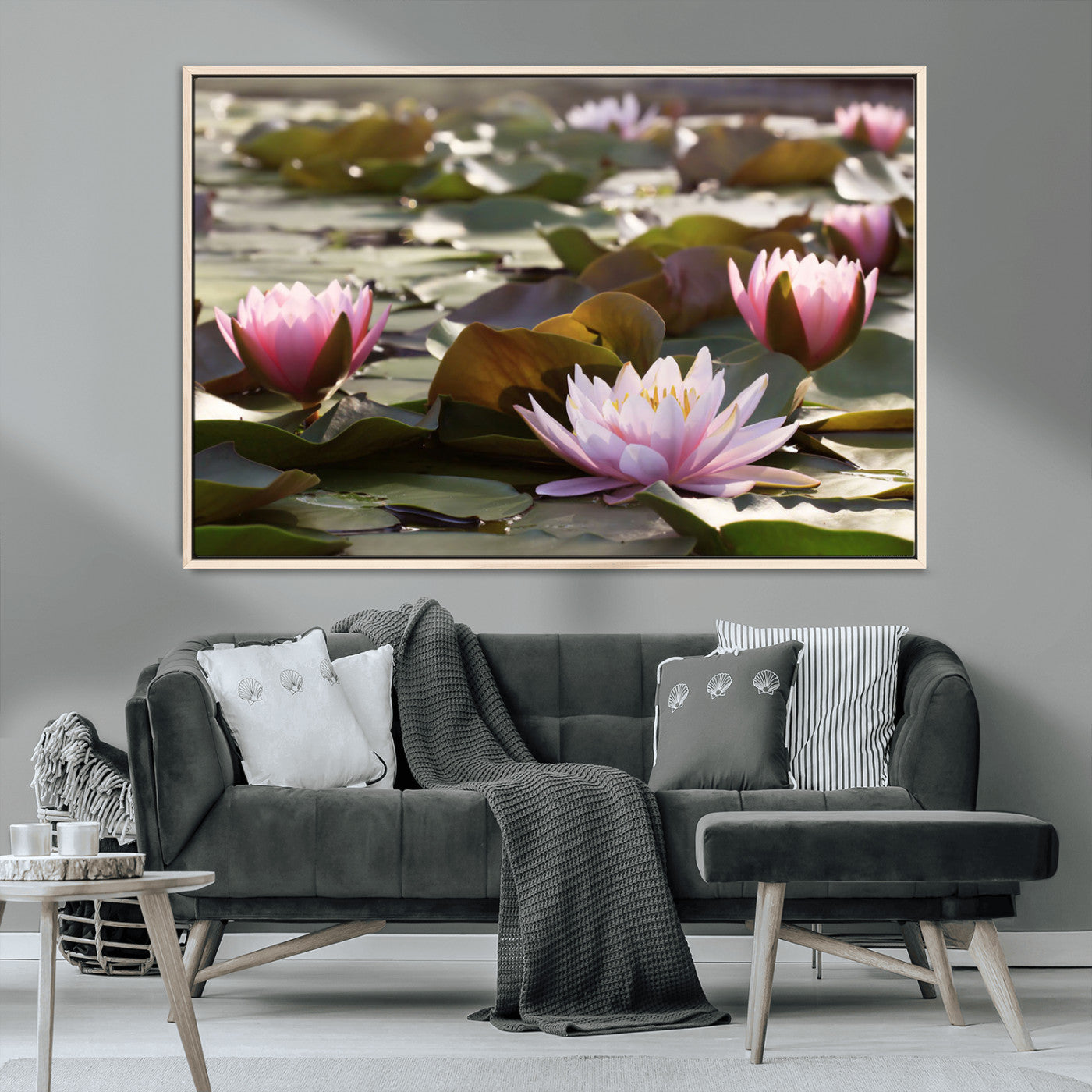 28394-MGV-CV-36X24-Water Lily Pond Wall Art – Pink Lotus Flowers Canvas Print with Green Lily Pads, Peaceful Botanical Artwork for Living Room,