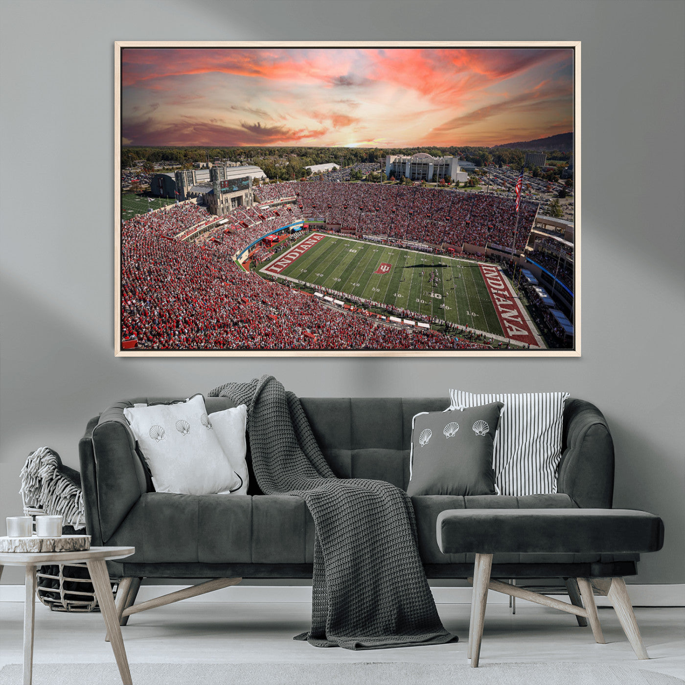 51135-MGV-CV-36X24-Indiana Hoosiers Stadium Wall Art – Panoramic Football Canvas Print with Game Day Crowd and Sunset Sky, Sports Artwork for Man