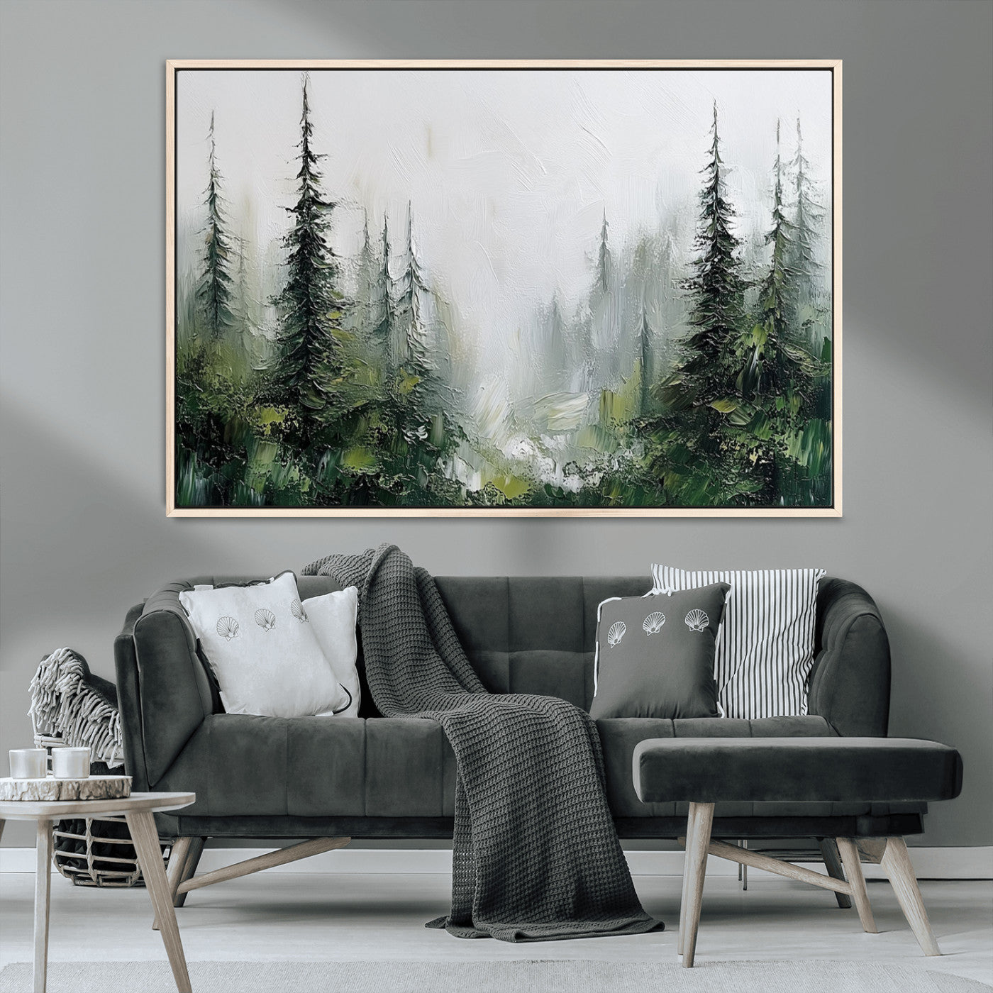 76014-MGV-CV-36X24-Forest Wall Art – Textured Canvas Print Featuring Misty Evergreen Pines and Woodland Landscape, Rustic Nature Artwork for Living