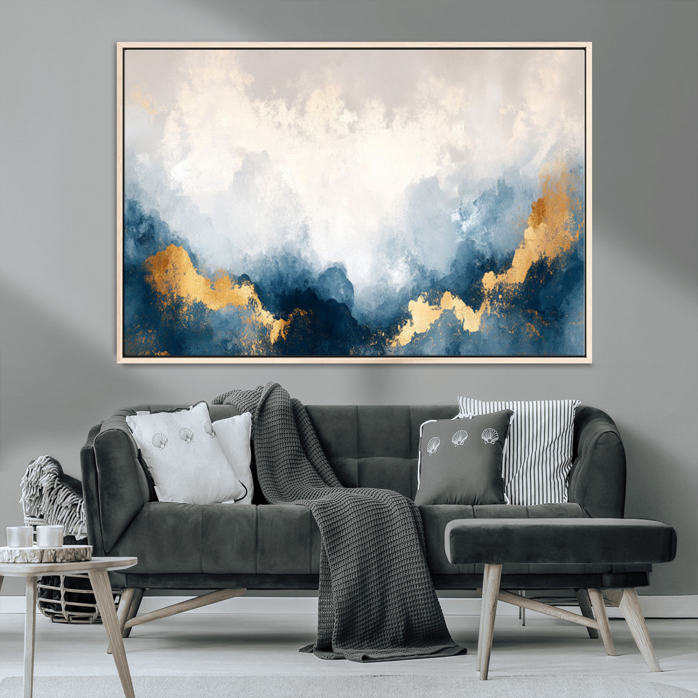 14578-MGV-CV-36X24-Abstract Wall Art – Modern Canvas Print Featuring Blue and White Clouds with Golden Accents, Contemporary Elegant Artwork for