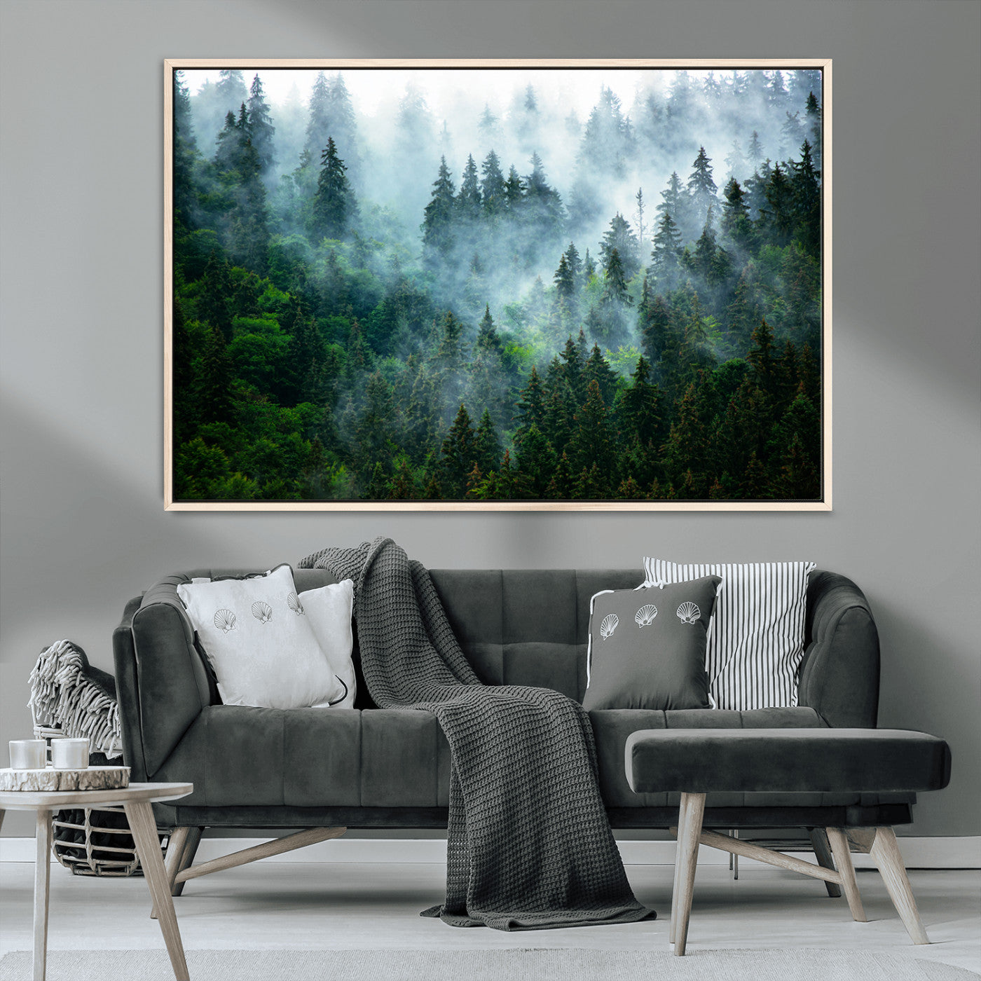 17393683-MGV-CV-36X24-Misty Forest Art Wall Art Canvas Print, Framed Foggy Mountain Art Art Picture Print, Scenic Wall Print Perfect Decor Artwork