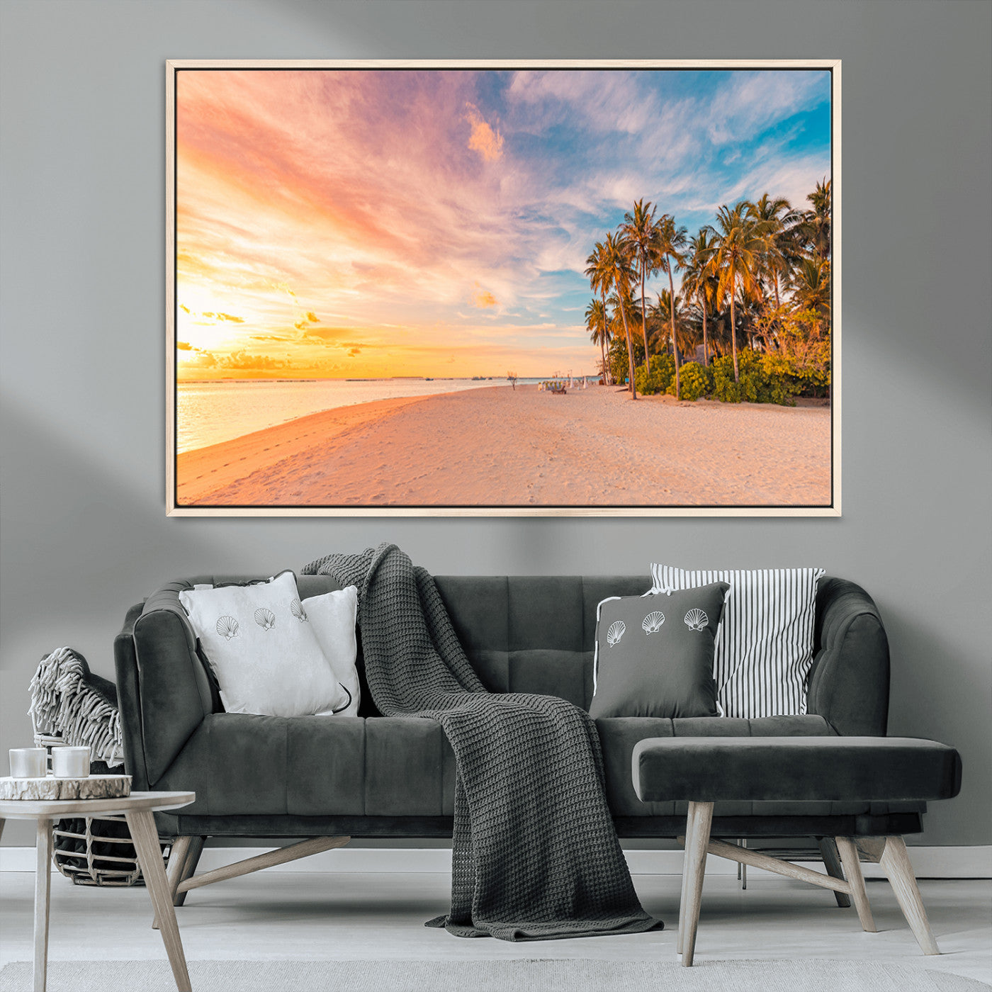 41542880-MGV-CV-36X24-Tropical Beach Wall Art Canvas Print, Framed Palm Trees Art Picture Print, Sunset Shore Perfect Tropical Coastal Decor Artwork