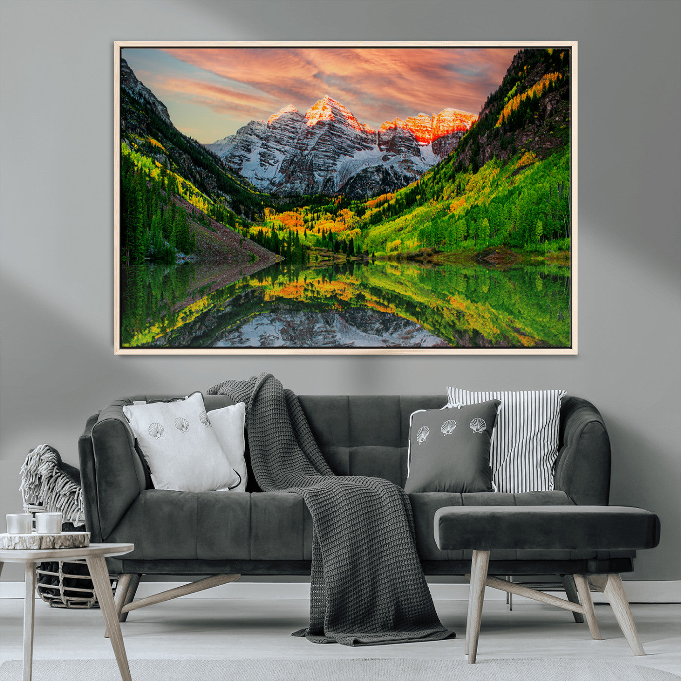 59533484-MGV-CV-36X24-Maroon Bells Autumn Wall Art – Panoramic Mountain Landscape Canvas Print, Sunset Reflection Nature Artwork for Living Room, Office
