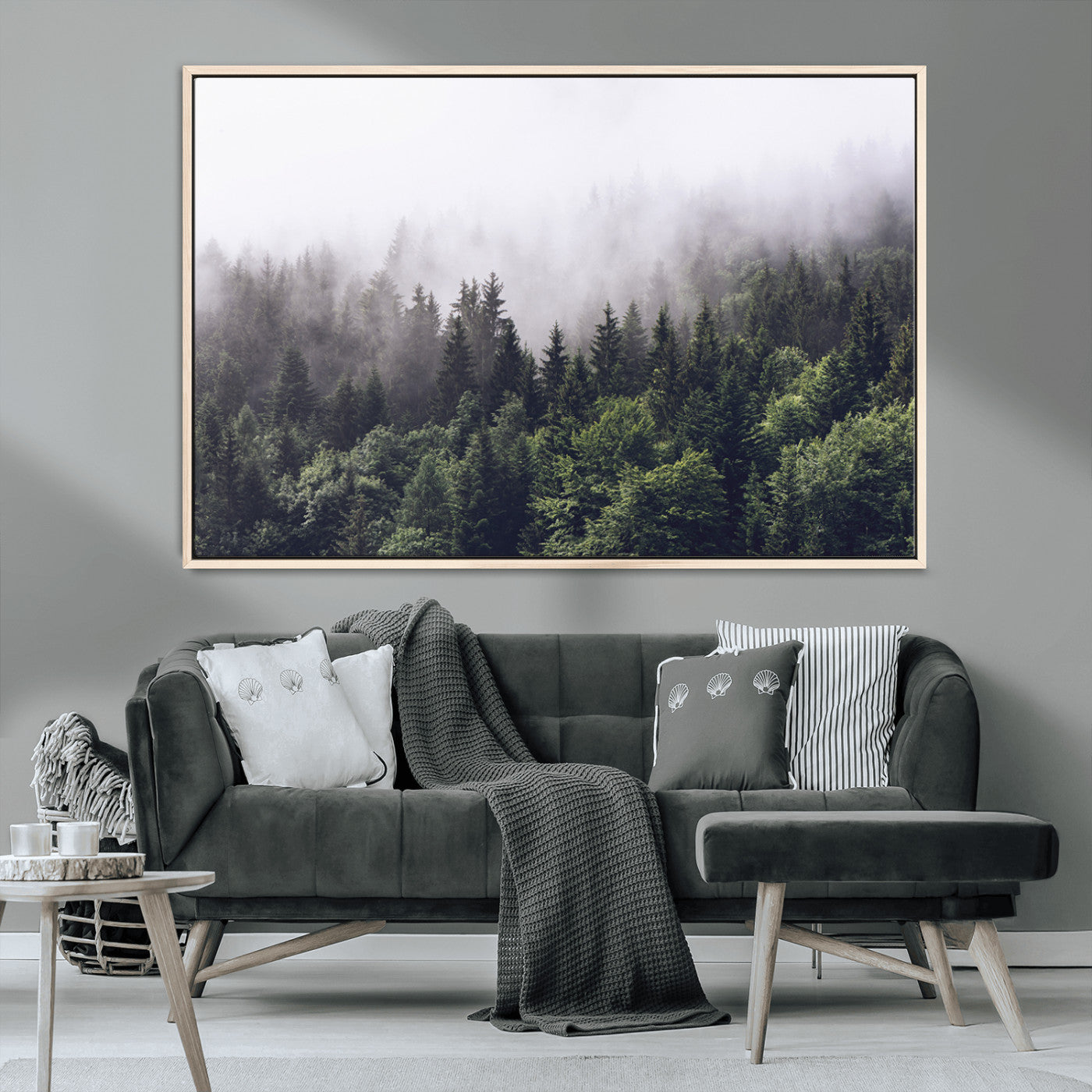 62890402-MGV-CV-36X24-Misty Forest Wall Art Canvas Print, Framed Foggy Pines Art Picture Print, Pine Valley Perfect Moody Woodland Decor Artwork