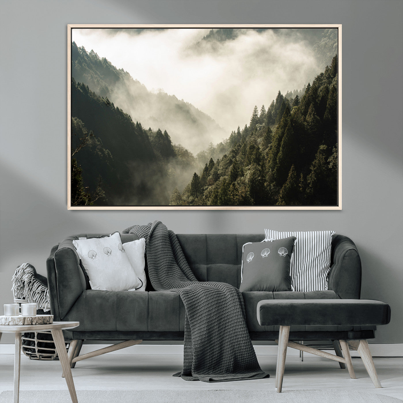 57570237-MGV-CV-36X24-Misty Valley Wall Art Canvas Print, Framed Foggy Forest Art Picture Print, Pine Trees Perfect Moody Woodland Decor Artwork