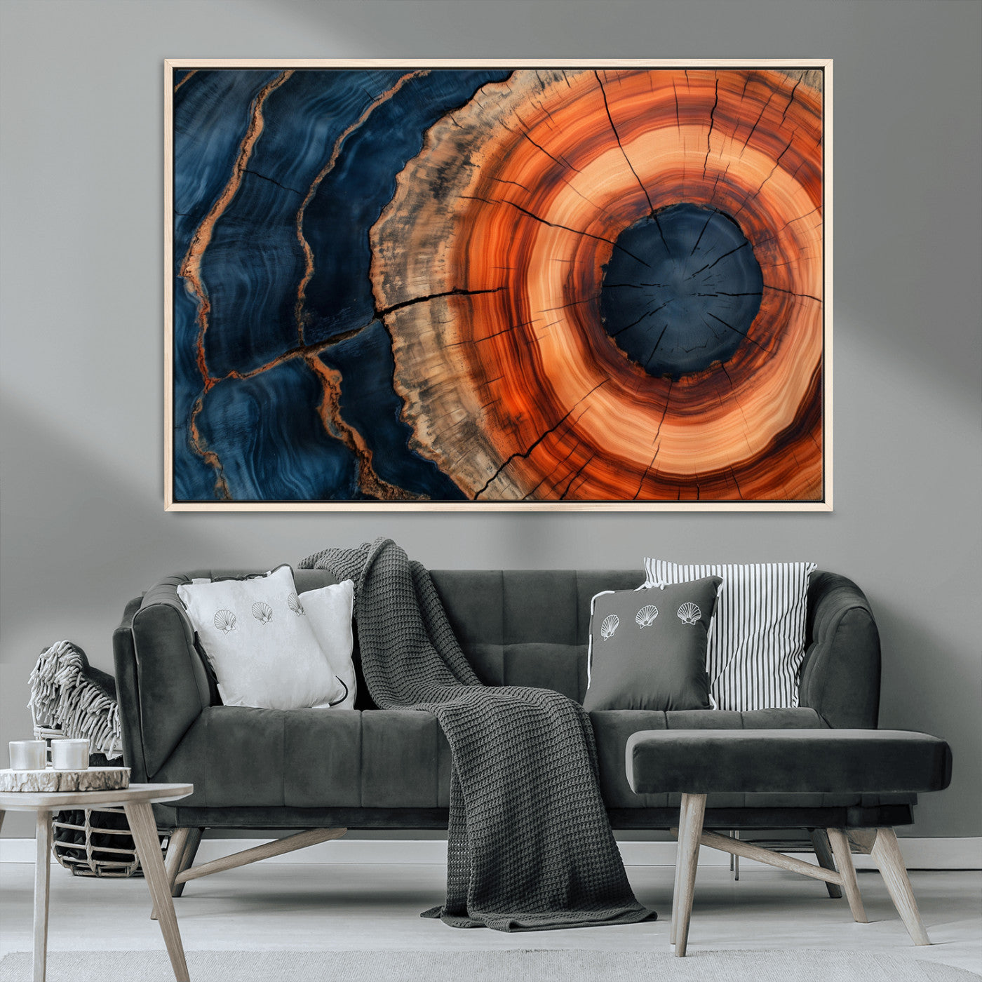 41123192-MGV-CV-36X24-Tree Ring Canvas Wall Art – Abstract Blue Orange Wood Grain Print, Rustic Modern Nature Artwork for Living Room, Bedroom, Office
