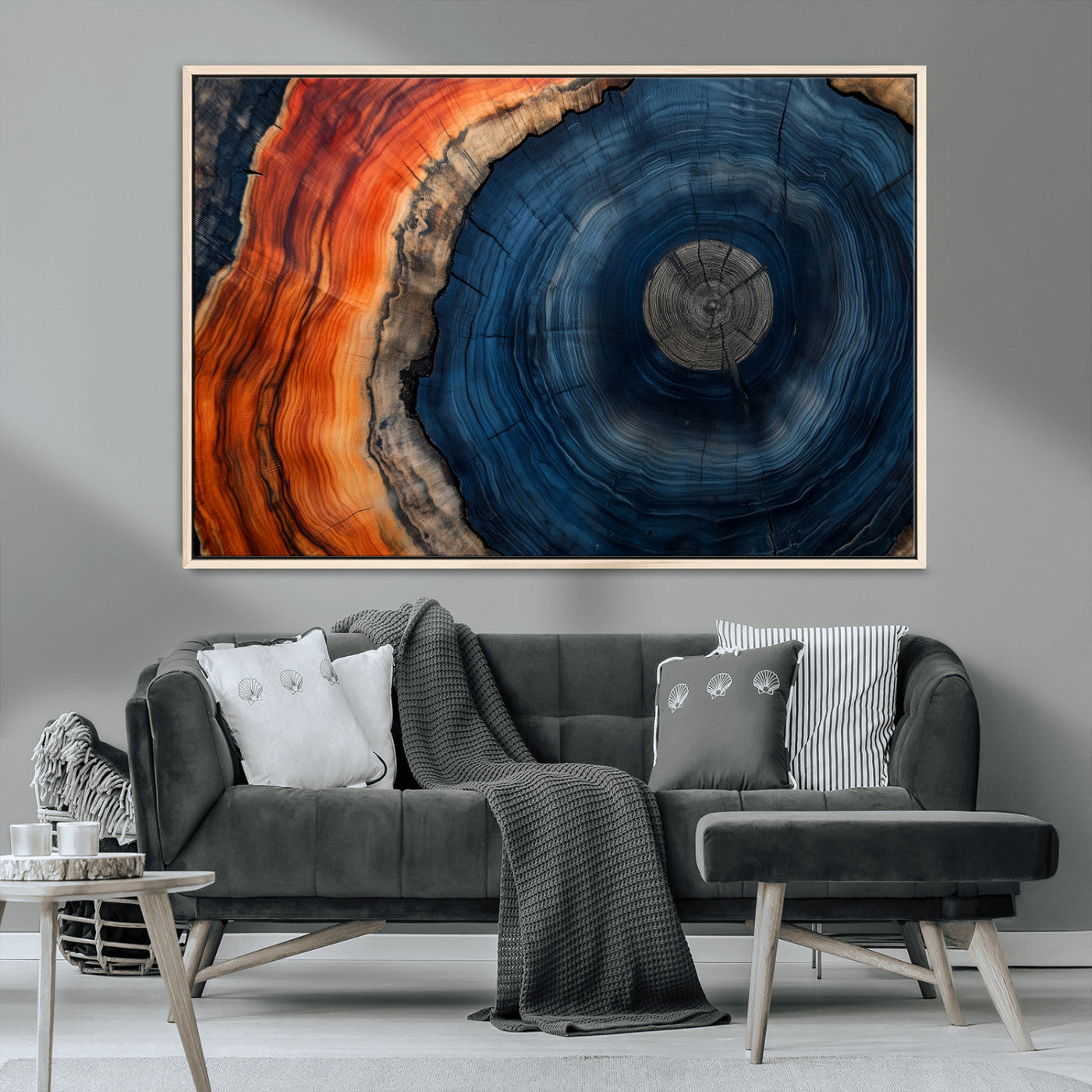 99491700-MGV-CV-36X24-Tree Ring Canvas Wall Art – Blue Orange Abstract Wood Grain Print, Rustic Modern Nature Artwork for Living Room, Office, Bedroom