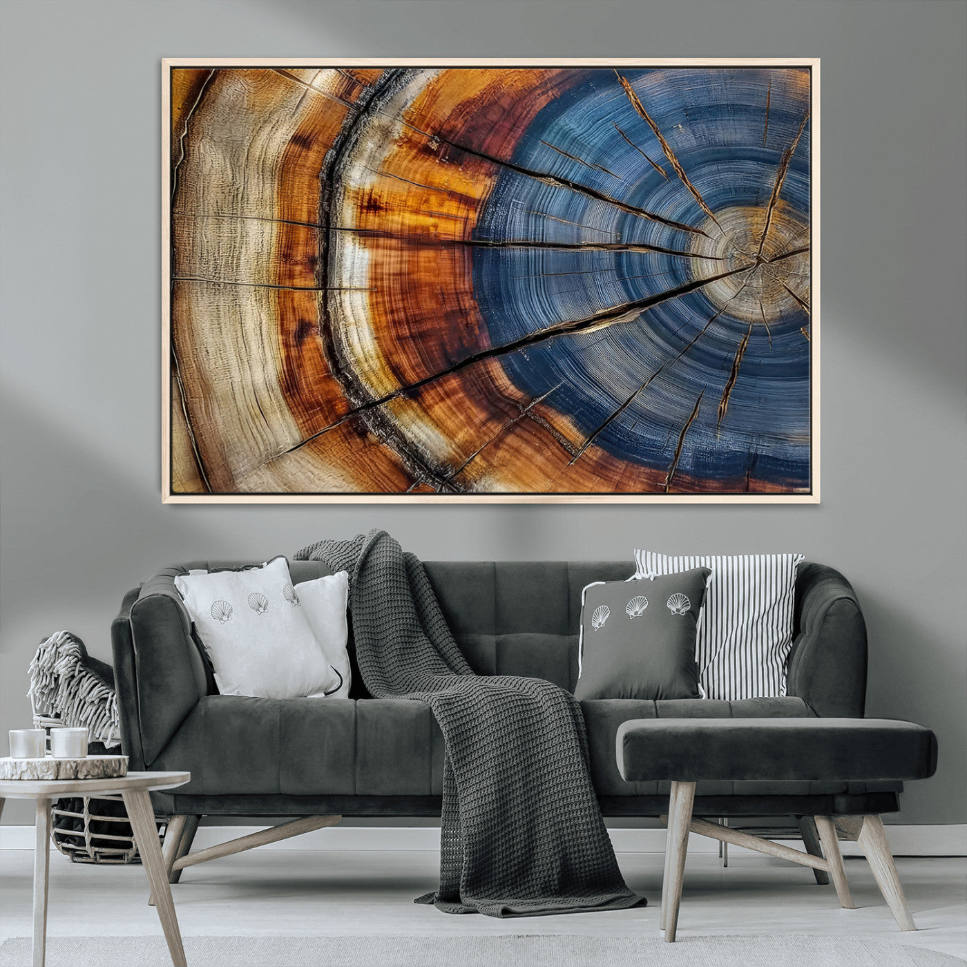18032999-MGV-CV-36X24-Tree Ring Wall Art – Blue Brown Abstract Wood Slice Canvas Print, Rustic Modern Nature Decor for Living Room, Office, Bedroom or
