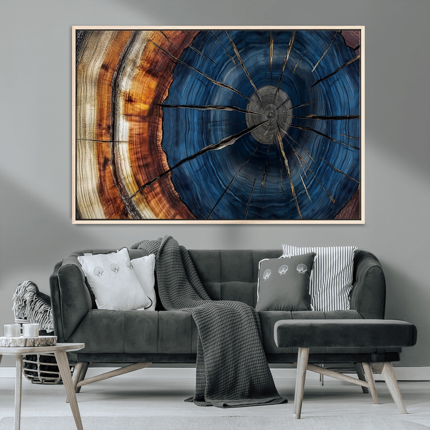 60099360-MGV-CV-36X24-Blue Tree Ring Wall Art – Rustic Wood Grain Canvas Print, Modern Abstract Artwork with Natural Texture for Living Room, Bedroom,