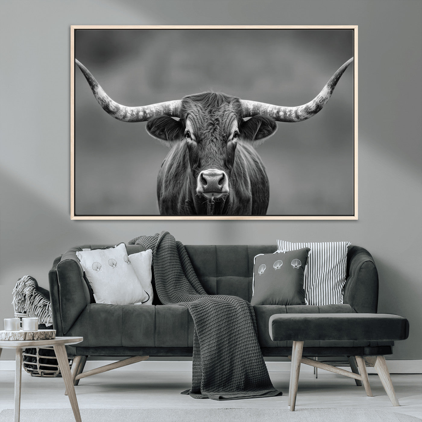 81228550-MGV-CV-36X24-Framed Texas Longhorn Bull Art Canvas Print, Western Bull Wall Art Print, Long Horn Bull Photo Print for Log Cabin, Large Bull