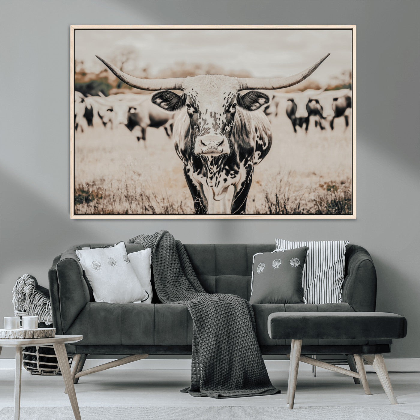27497342-MGV-CV-36X24-Texas Longhorn Wall Art Canvas Print, Framed Speckled Cow Art Picture Print, Horned Cattle Perfect Rustic Western Decor Artwork