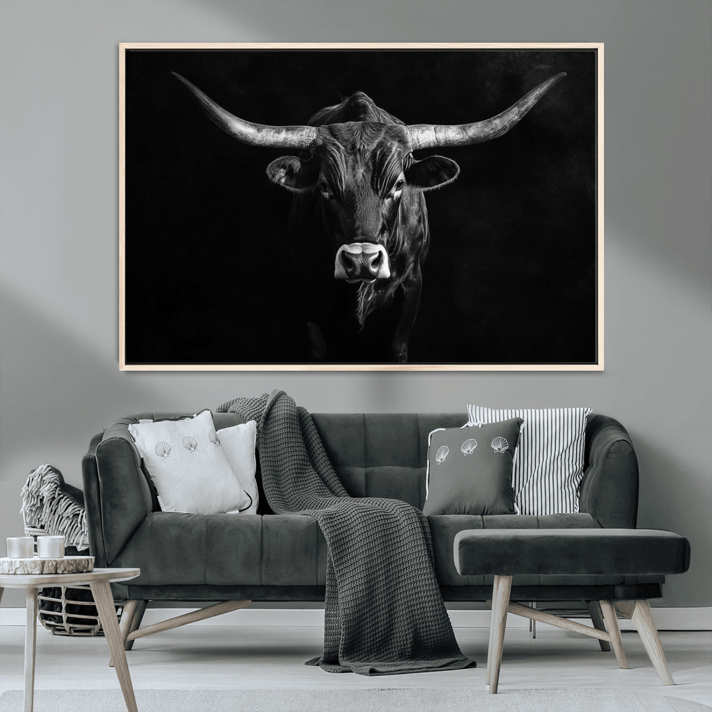 42077175-MGV-CV-36X24-Texas Longhorn Wall Art Canvas Print, Framed Monochrome Bull Art Picture Print, Horned Bull Perfect Rustic Western Decor Artwork