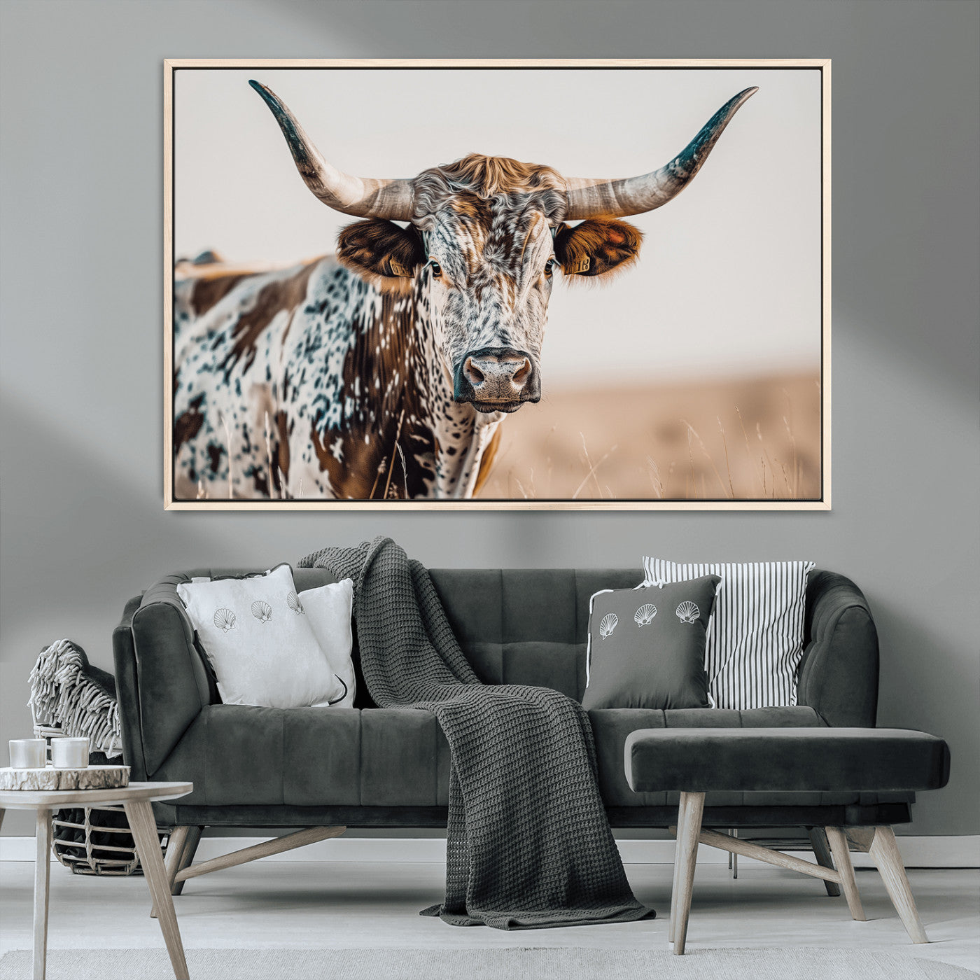 70414966-MGV-CV-36X24-Texas Longhorn Wall Art Canvas Print, Framed Speckled Cow Art Picture Print, Horned Bull Perfect Rustic Western Decor Artwork