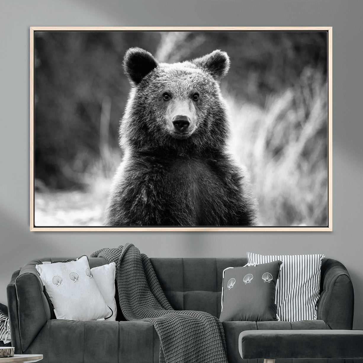 MGV-FC-36X24 - Grizzly Bear Wall Art Canvas Print, Framed Black White Bear Art Picture Print, Wild Bear Perfect Rustic Wildlife Decor Artwork