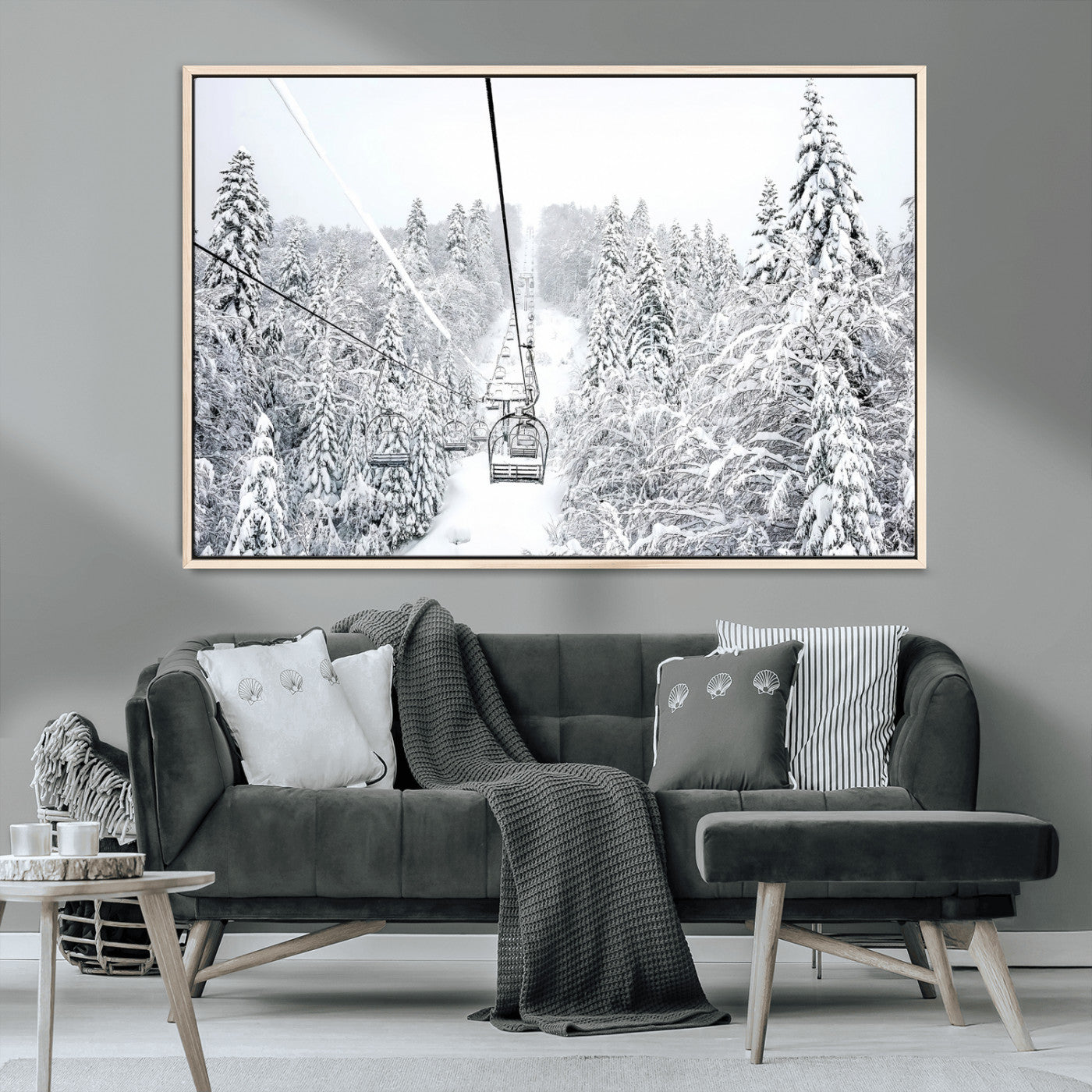 60296839-MGV-CV-36X24-Snowy Mountains Wall Art Canvas Print, Framed Ski Lift Art Picture Print, Winter Forest Perfect Winter Minimalist Decor Artwork