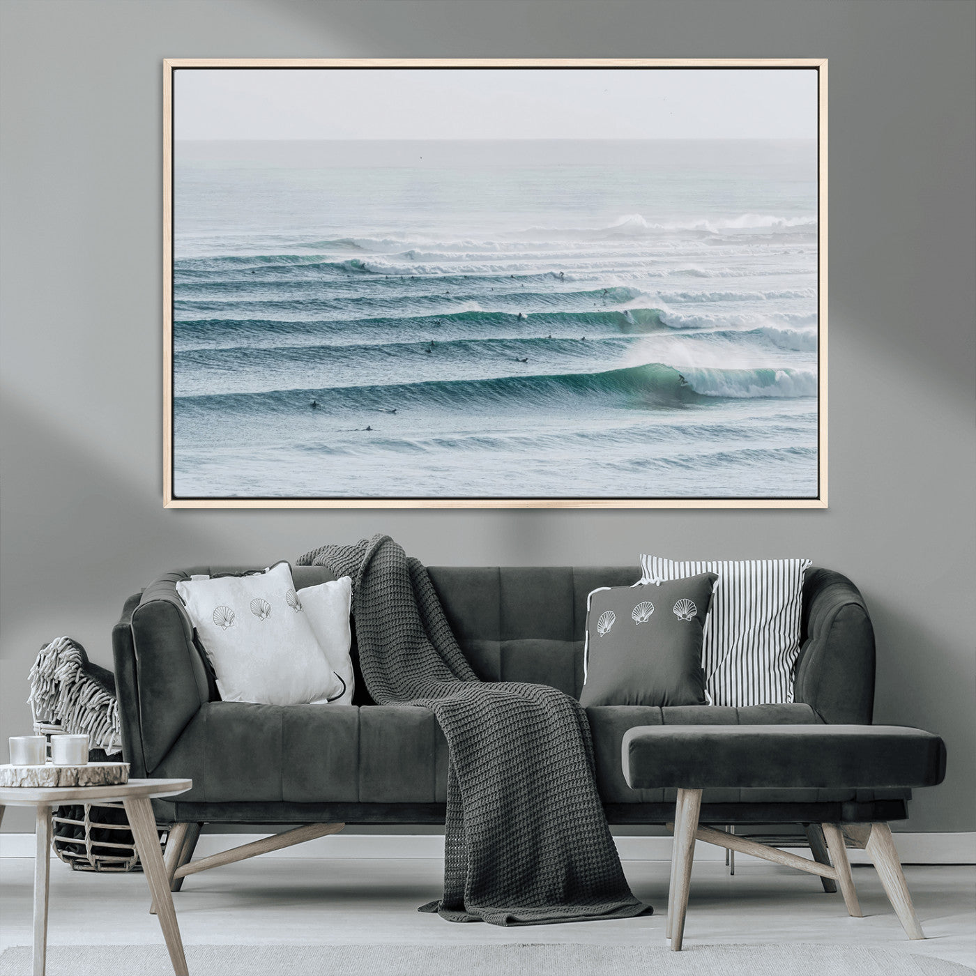 73969318-MGV-CV-36X24-Ocean Waves Wall Art Canvas Print, Framed Surfer Lineup Art Picture Print, Crowded Ocean Perfect Minimal Coastal Decor Artwork