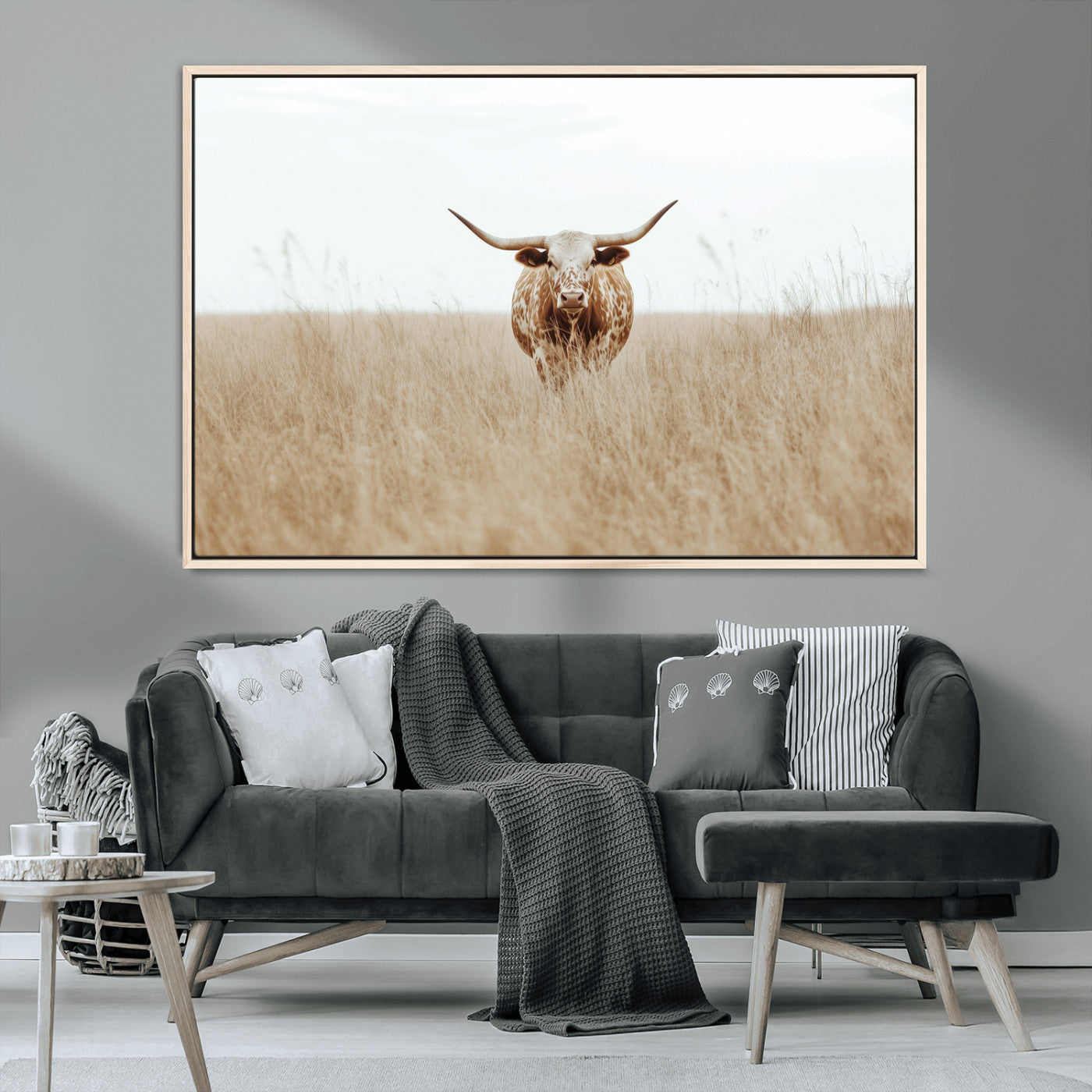 20927060-MGV-CV-36X24-Texas Longhorn Wall Art Canvas Print, Framed Lone Cattle Art Picture Print, Longhorn Bull Perfect Rustic Western Decor Artwork