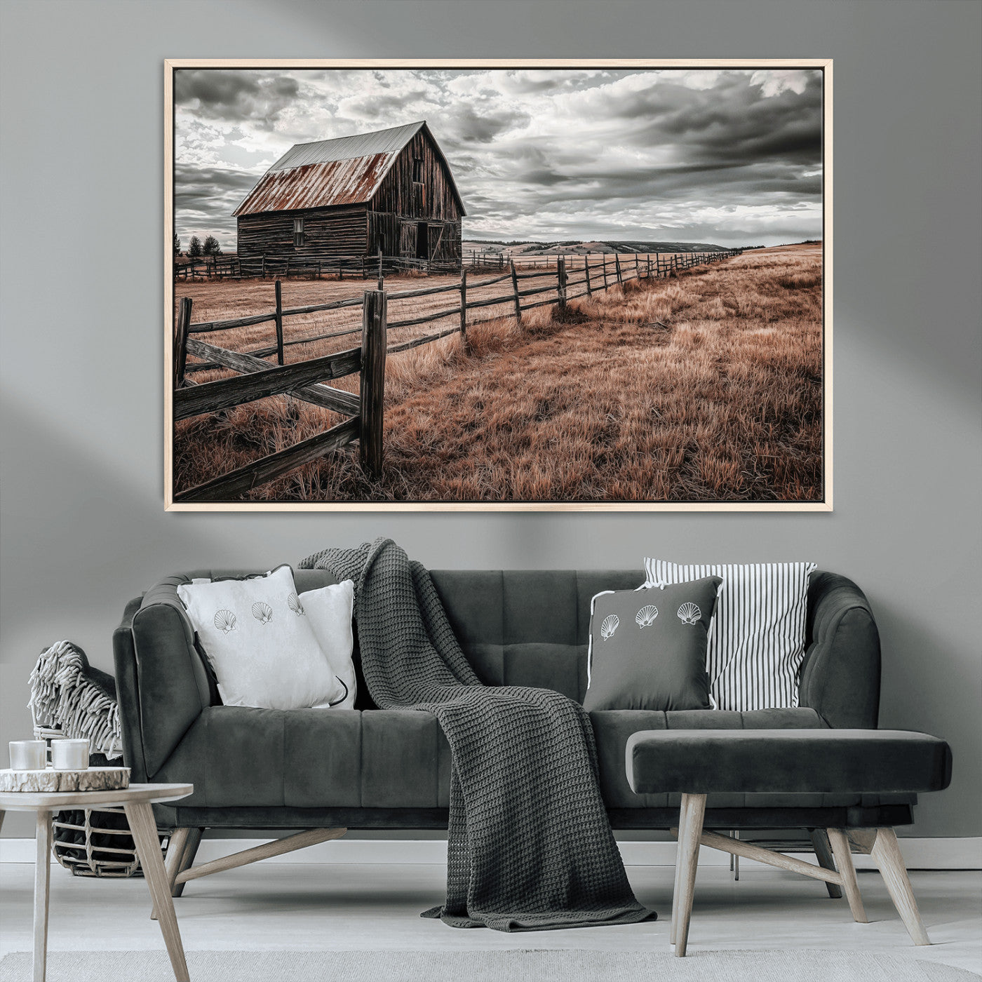 73898372-MGV-CV-36X24-Rustic Barn Wall Art Canvas Print, Framed Moody Field Art Picture Print, Weathered Fence Perfect Moody Farmhouse Decor Artwork