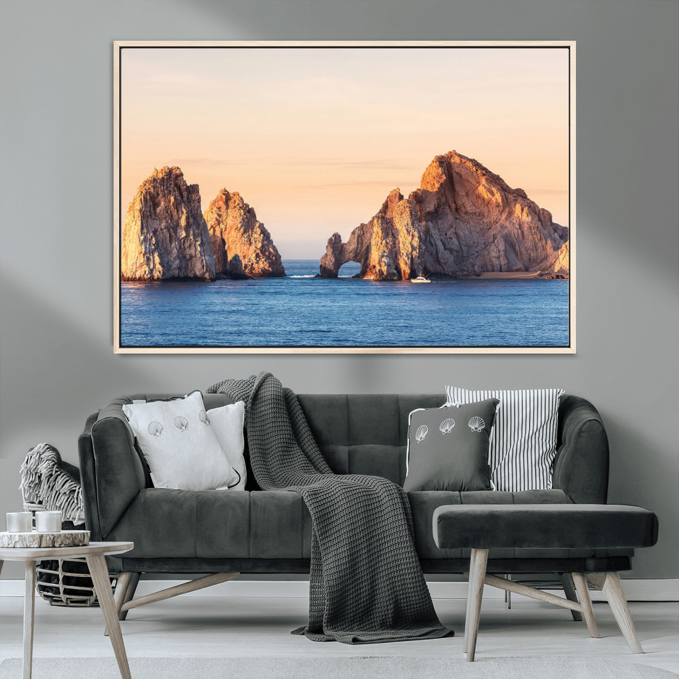 72996116-MGV-CV-36X24-El Arco Wall Art Canvas Print, Framed Cabo Rocks Art Picture Print, Ocean Arch Perfect Golden Coastal Landmark Decor Artwork