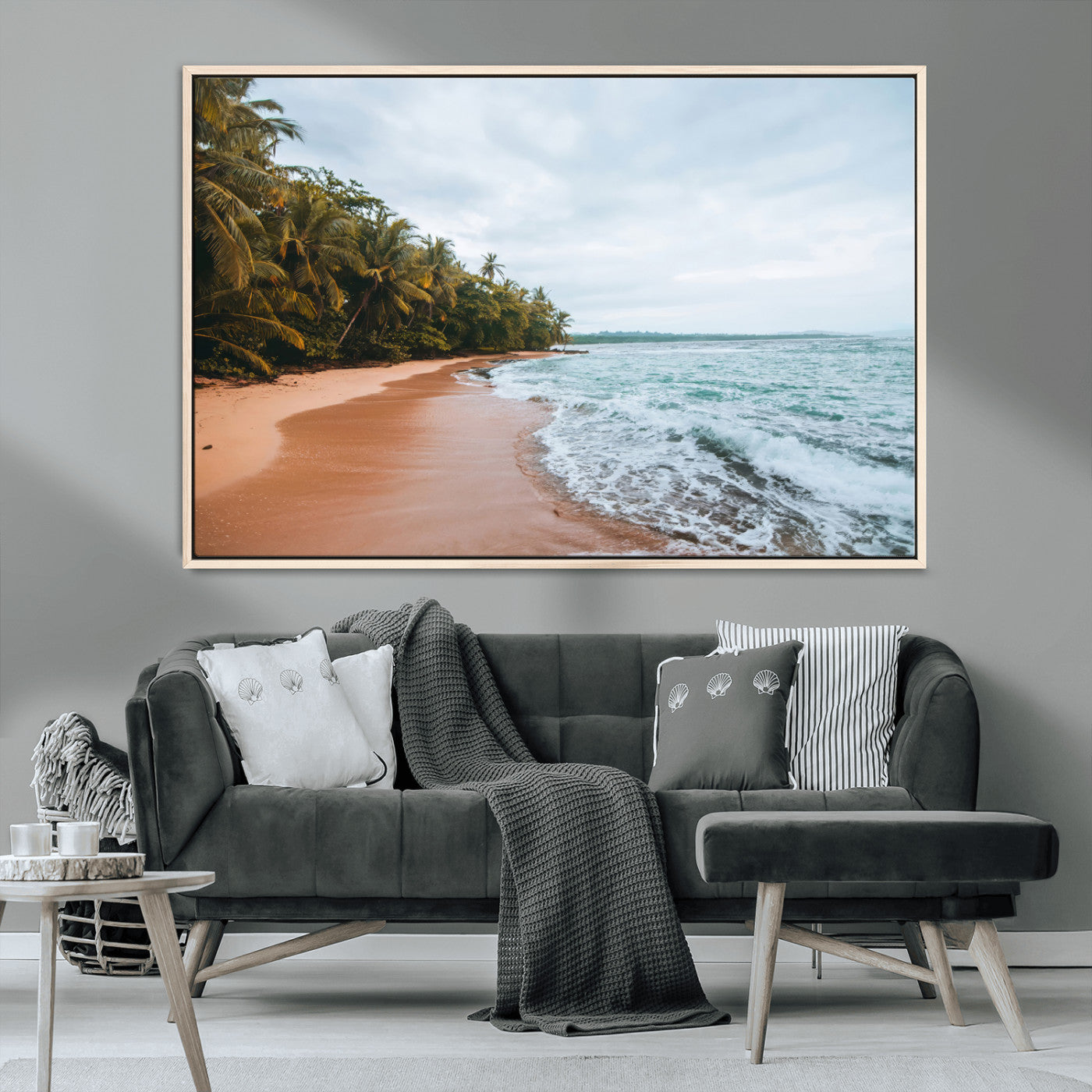 88125882-MGV-CV-36X24-Tropical Shoreline Wall Art Canvas Print, Framed Palm Trees Art Picture Print, Tropical Ocean Perfect Tropical Coastal Decor