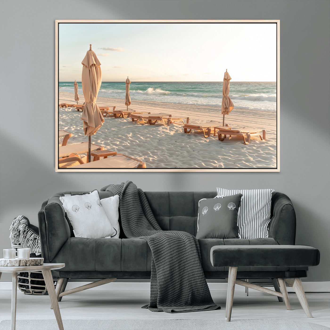 58507949-MGV-CV-36X24-Beach Umbrellas Wall Art Canvas Print, Framed Empty Loungers Art Picture Print, Soft Sand Perfect Minimalist Seaside Decor Artwork