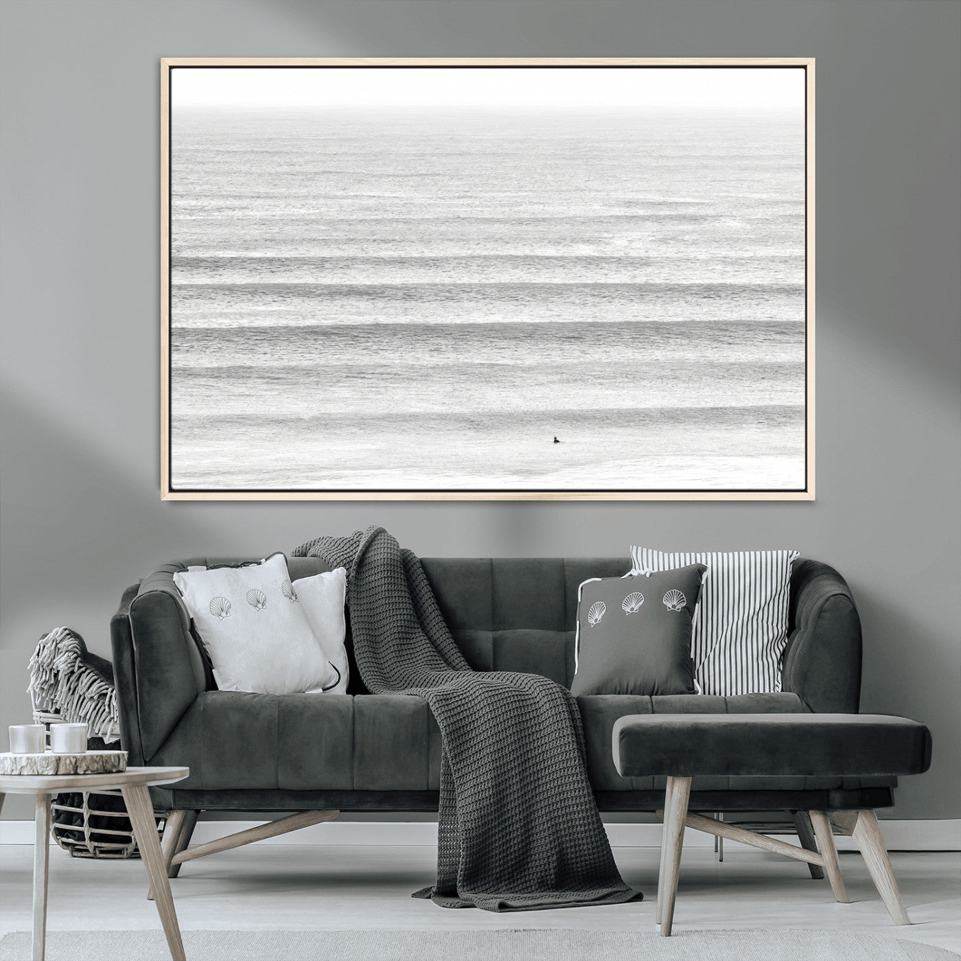 66534476-MGV-FC-36X24_Natural-Lone Surfer Wall Art Canvas Print, Framed Ocean Waves Art Picture Print, Minimal Sea Perfect Minimal Coastal Decor Artwork
