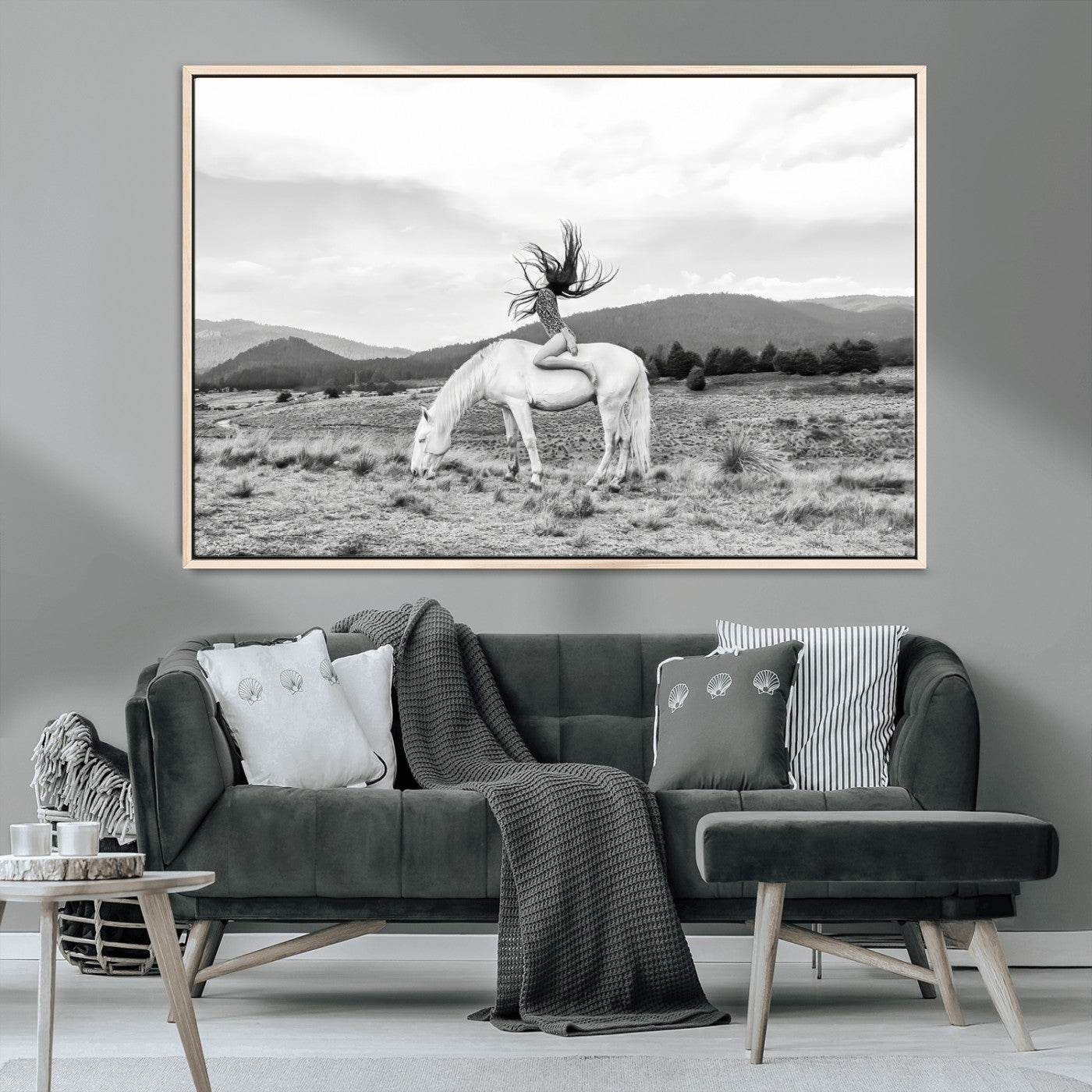 62789800-MGV-CV-36X24-White Horse Wall Art Canvas Print, Framed Woman Rider Art Picture Print, Equestrian Pose Perfect Western Boho Decor Artwork