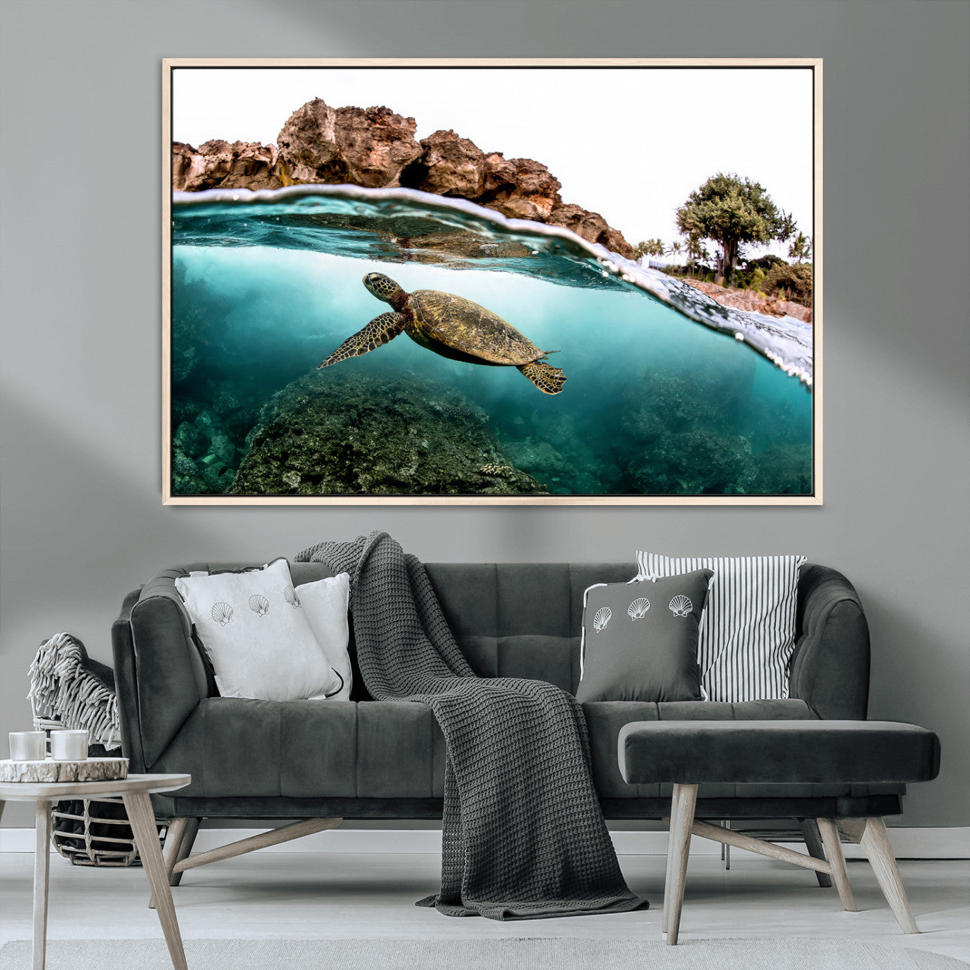44200301-MGV-CV-36X24-Sea Turtle Swim Wall Art Canvas Print, Framed Ocean Life Art Picture Print, Tropical Shoreline Perfect Tropical Coastal Decor