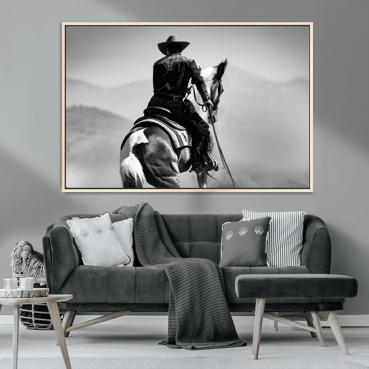 83102464-MGV-CV-36X24-Western Cowboy Wall Art Canvas Print, Framed Monochrome Horse Art Picture Print, Western Equestrian Perfect Rustic Western Decor