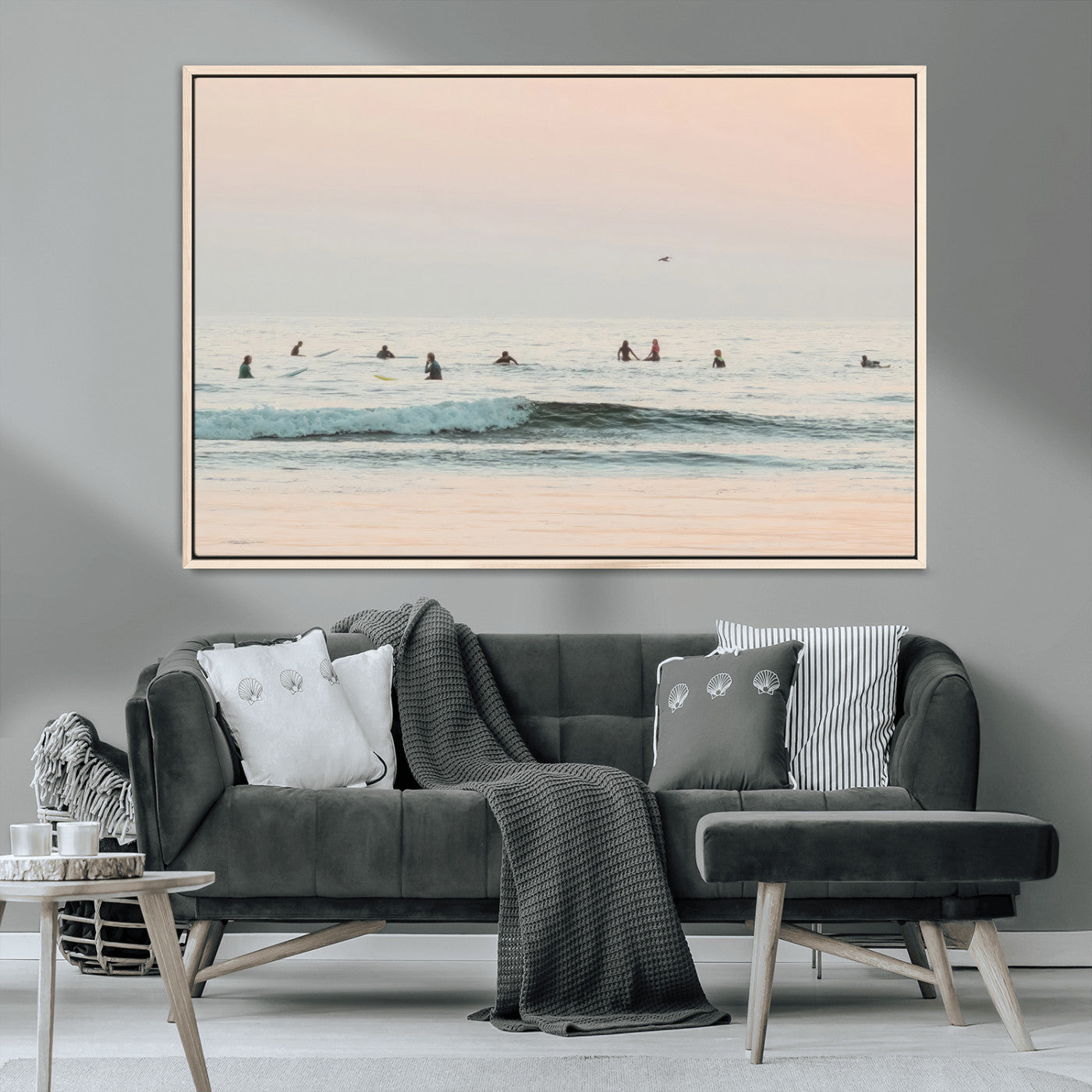 98888919-MGV-CV-36X24-Pastel Ocean Wall Art Canvas Print, Framed Soft Sunset Swimming Art Picture Print, Calm Sea Horizon Perfect Soft Coastal