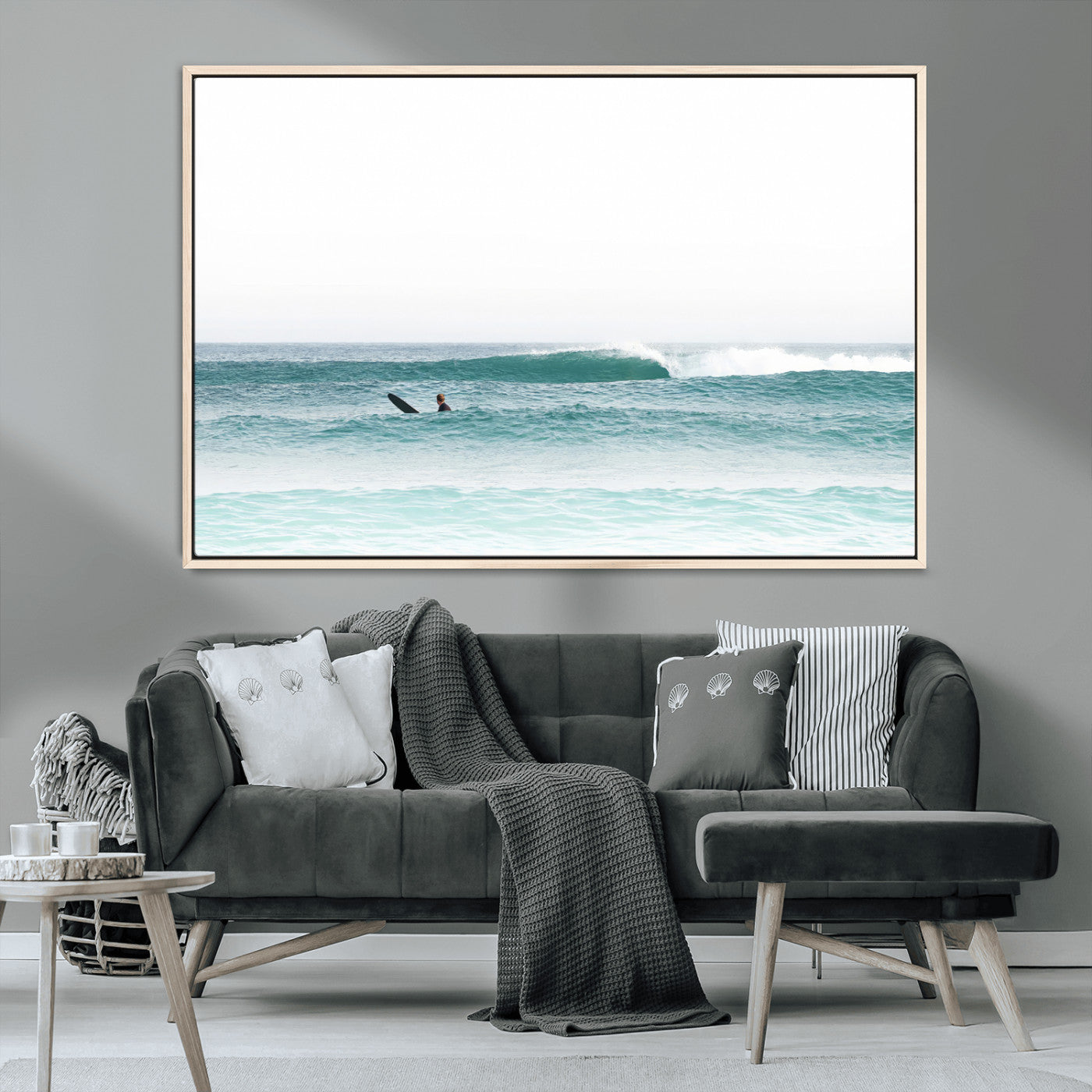 56345117-MGV-CV-36X24-Minimalist Surfing Wall Art Canvas Print, Framed Ocean Waves Art Picture Print, Soft Ocean Perfect Minimalist Coastal Decor