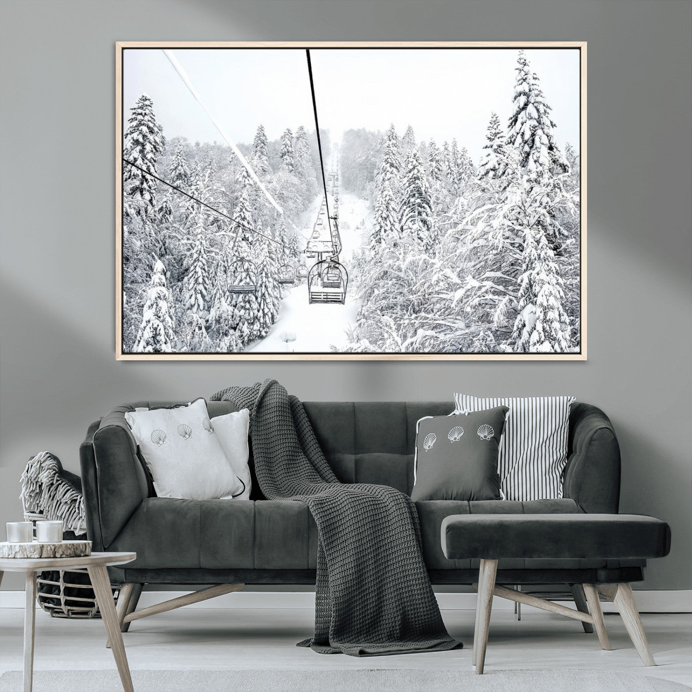 44705668-MGV-CV-36X24-Winter Forest Wall Art Canvas Print, Framed Snowy Forest Art Picture Print, Ski Lift Perfect Scandinavian Decor Artwork