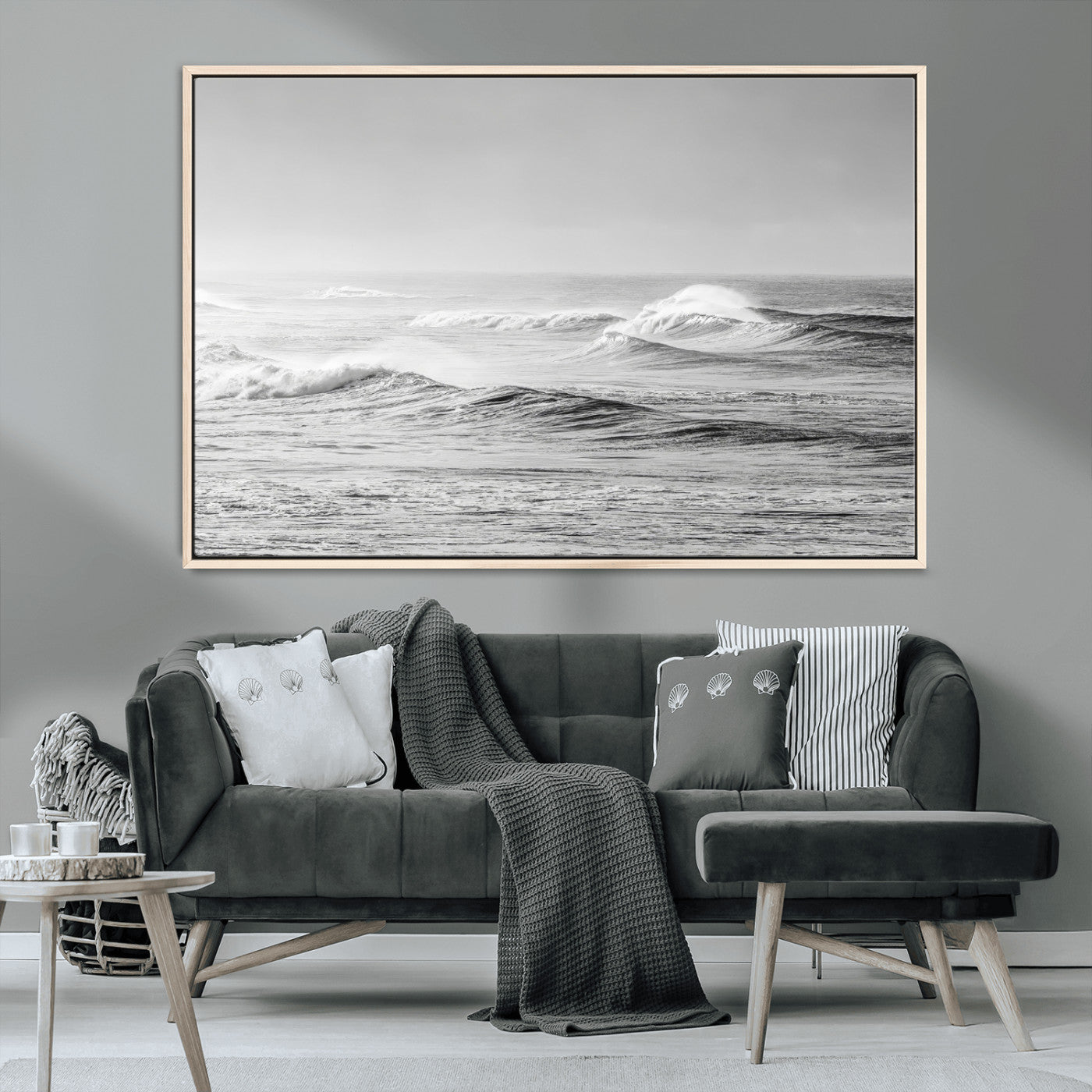 98634812-MGV-CV-36X24-Black and White Ocean Waves Wall Art – Minimalist Sea Canvas Print, Coastal Photography Decor for Living Room, Bedroom or Office