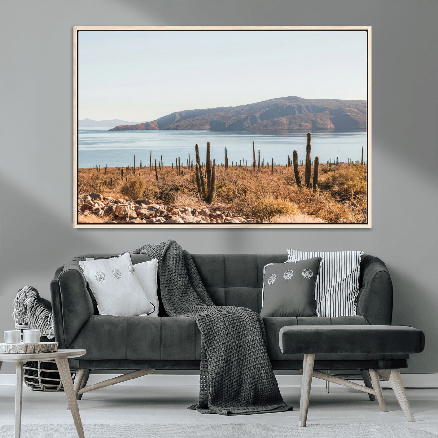 45193515-MGV-CV-36X24-Desert Cactus Wall Art Canvas Print, Framed Baja Coastline Art Picture Print, Coastal Desert Perfect Southwestern Minimalist Decor